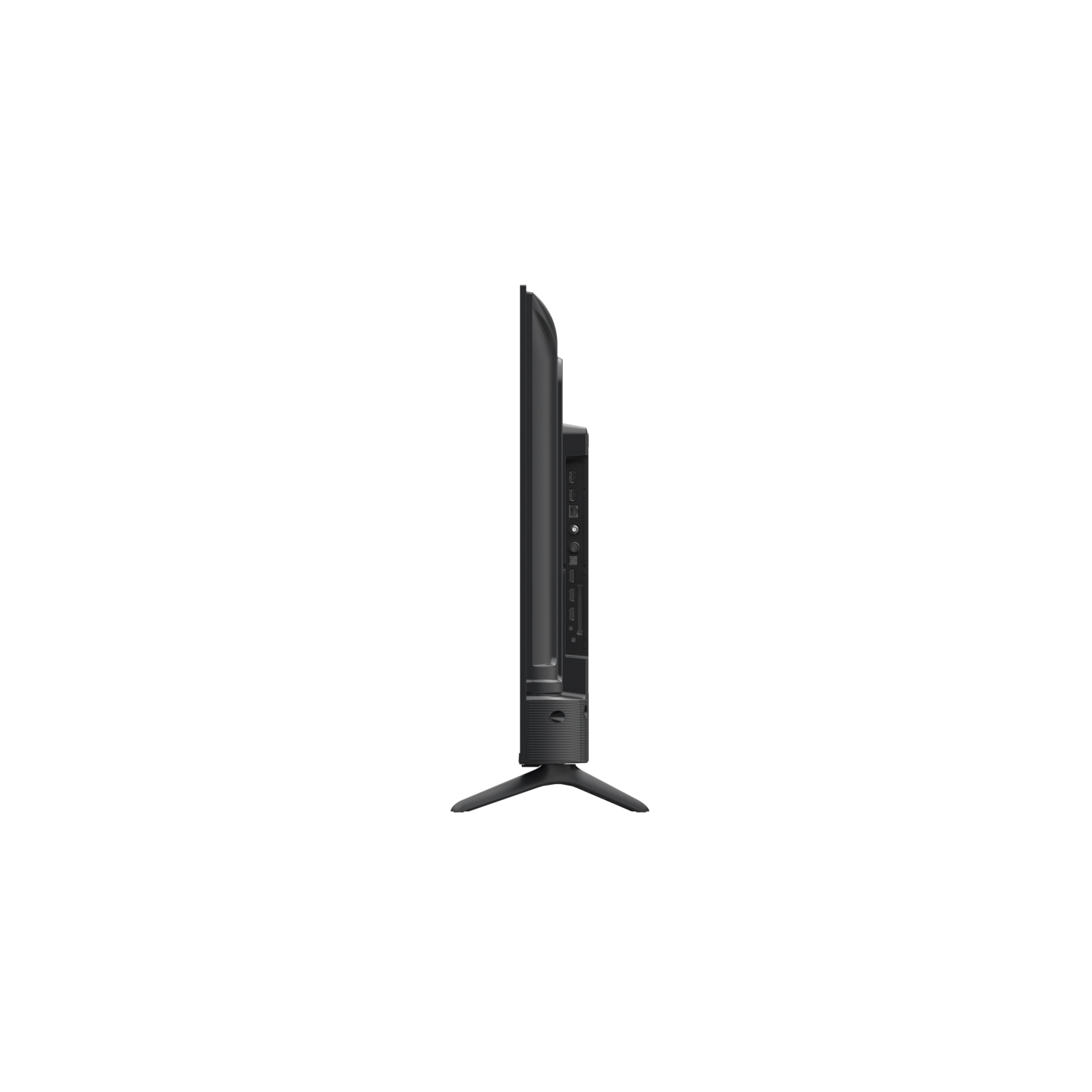 A side view of a black flat-screen TV. It is standing on a black stand against a black background.