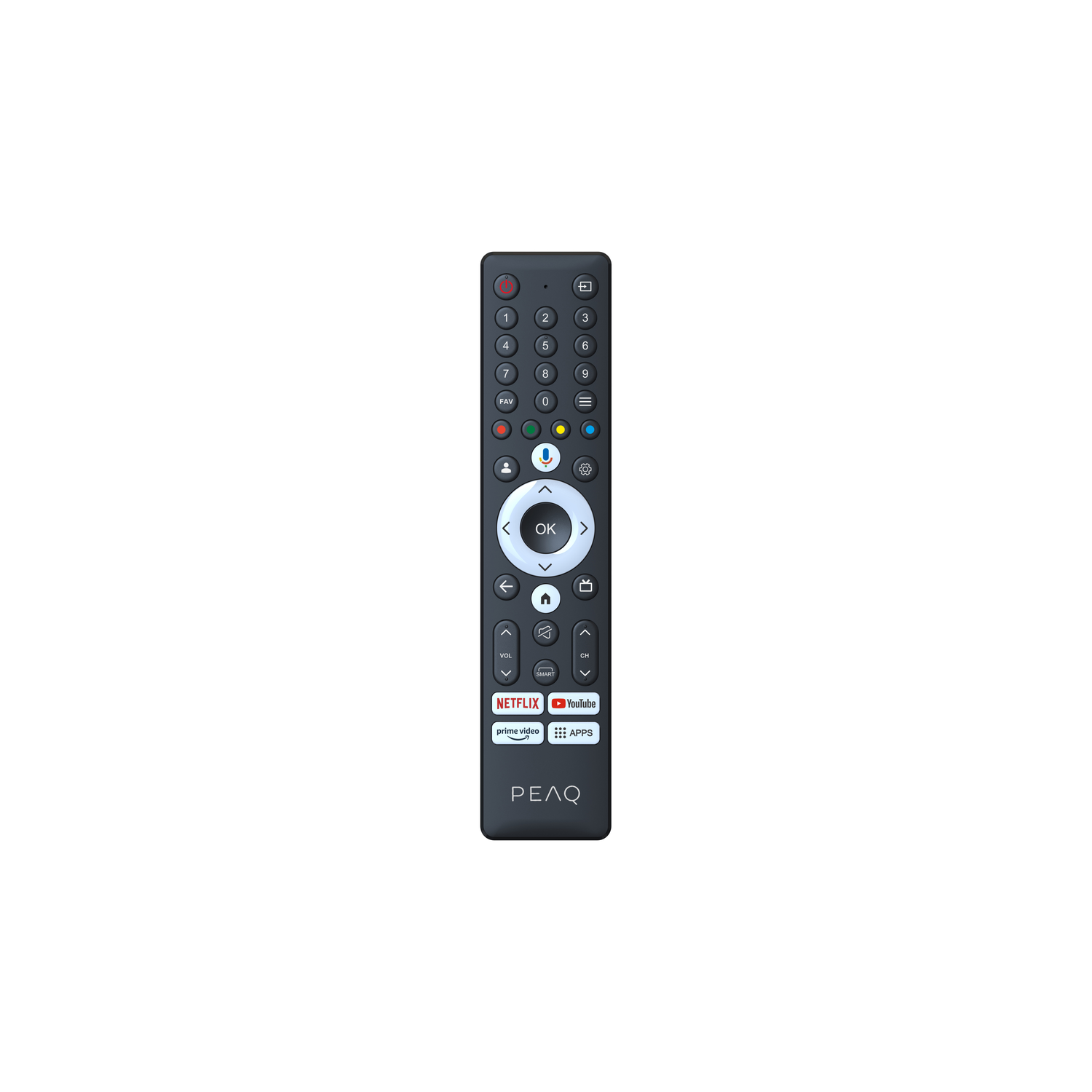 A black PEAQ remote control with buttons for numbers, volume, channels, and streaming services like Netflix and YouTube.