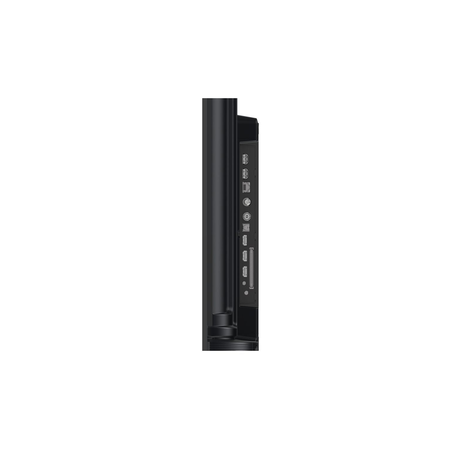 Side view of a black monitor with ports. Visible ports include HDMI, USB, and power. The background is solid black.
