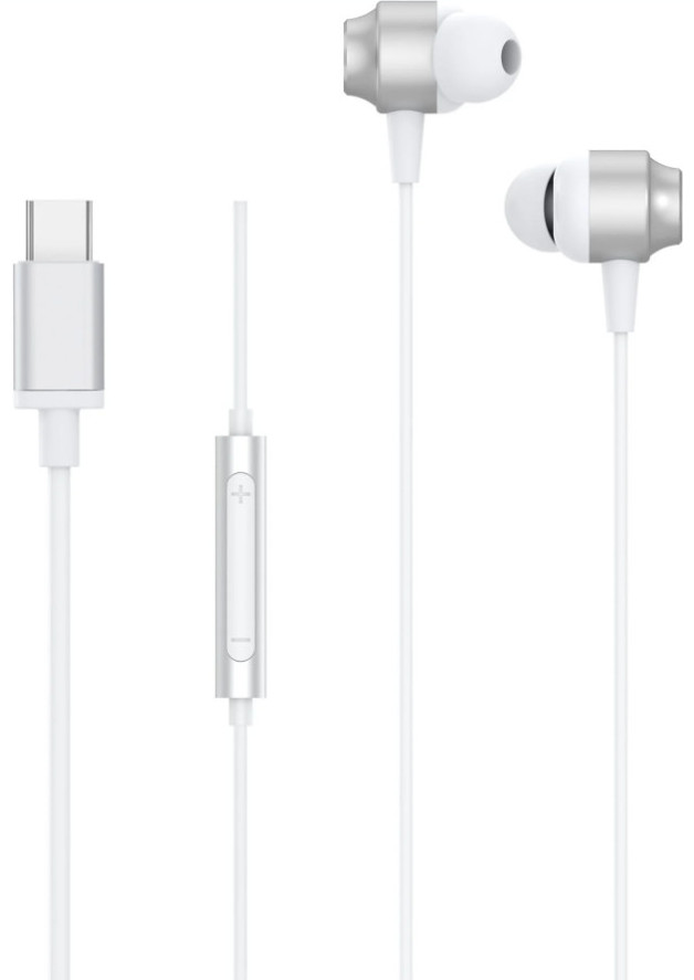 Białe słuchawki z srebrnymi akcentami i złączem USB-C. Pilot na kablu i biały kabel na białym tle.