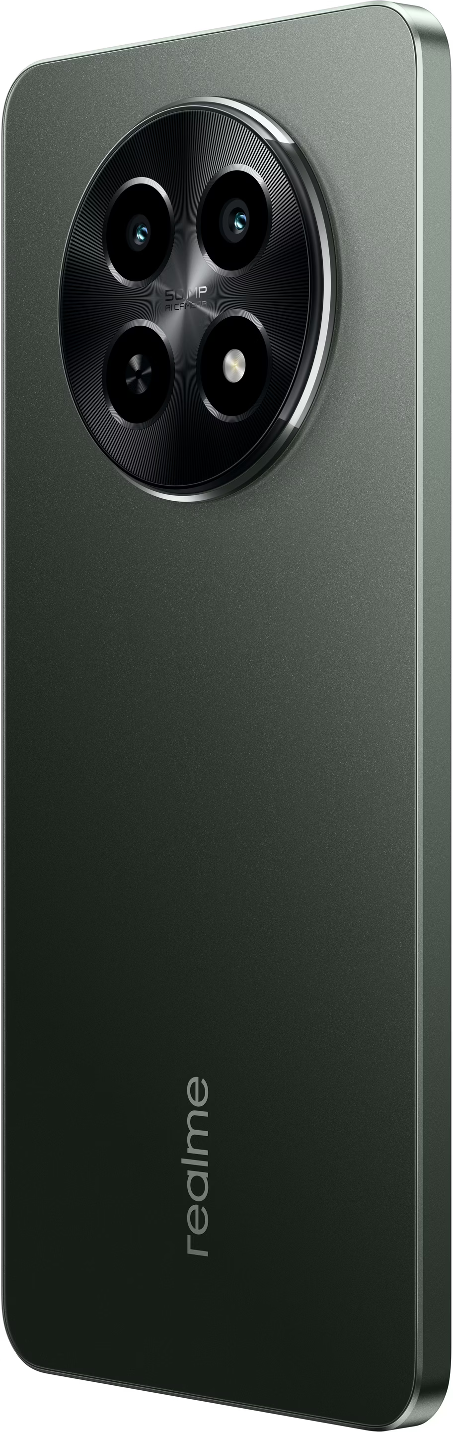 Egy zöld okostelefon hátlapja, nagyméretű kameramodullal. Látható a Realme logója. Fém felülete van.