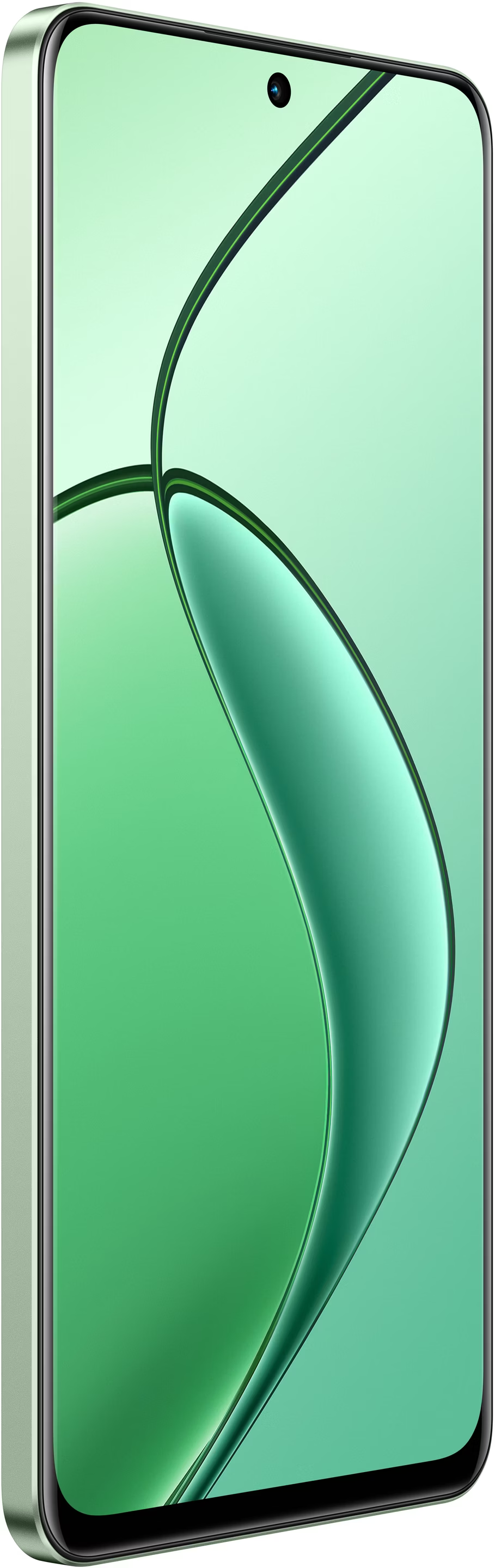 Egy zöld okostelefon, zöld ívelt dizájnnal. A telefon tetején kamera és ívelt képernyő található.