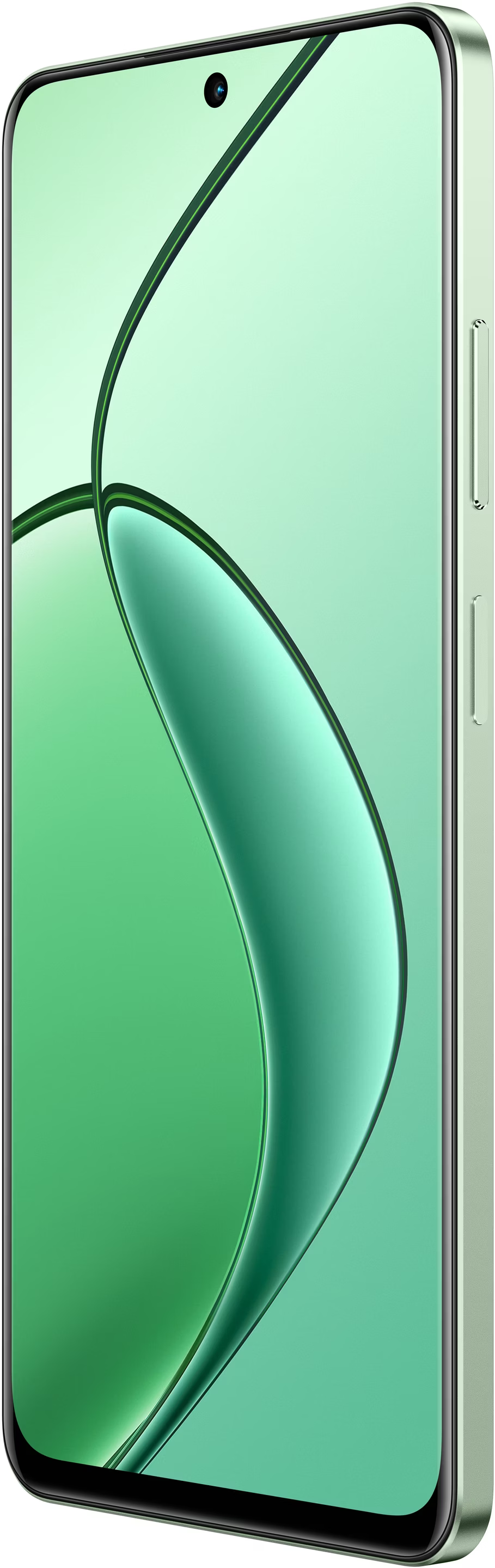 Egy zöld képernyős okostelefon, amely hullámos, absztrakt dizájnt jelenít meg. A telefon világoszöld kerettel rendelkezik.
