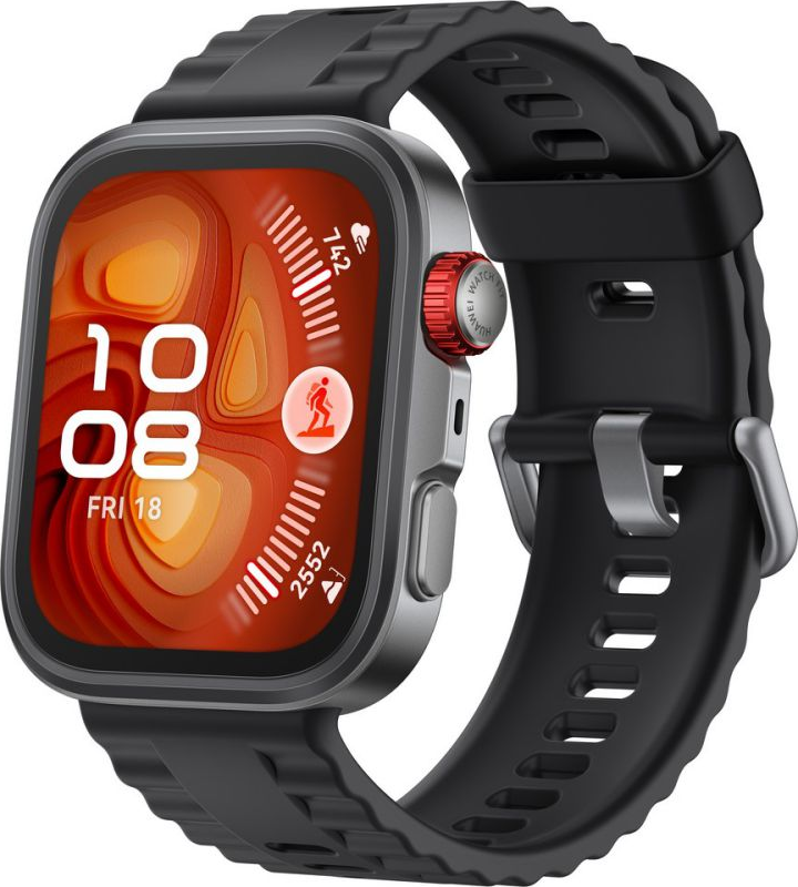 Eine Smartwatch mit schwarzem Armband. Der Bildschirm zeigt Uhrzeit, Datum und Aktivitätsmetriken. Die Uhr hat ein silbernes Gehäuse und rote Akzente.