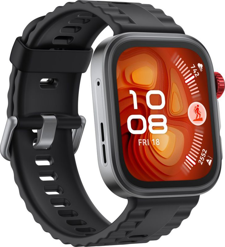 Eine schwarze Smartwatch mit silbernem Rahmen, rotem Knopf und schwarzem Armband. Der Bildschirm zeigt Zeit und Aktivitätsdaten an.