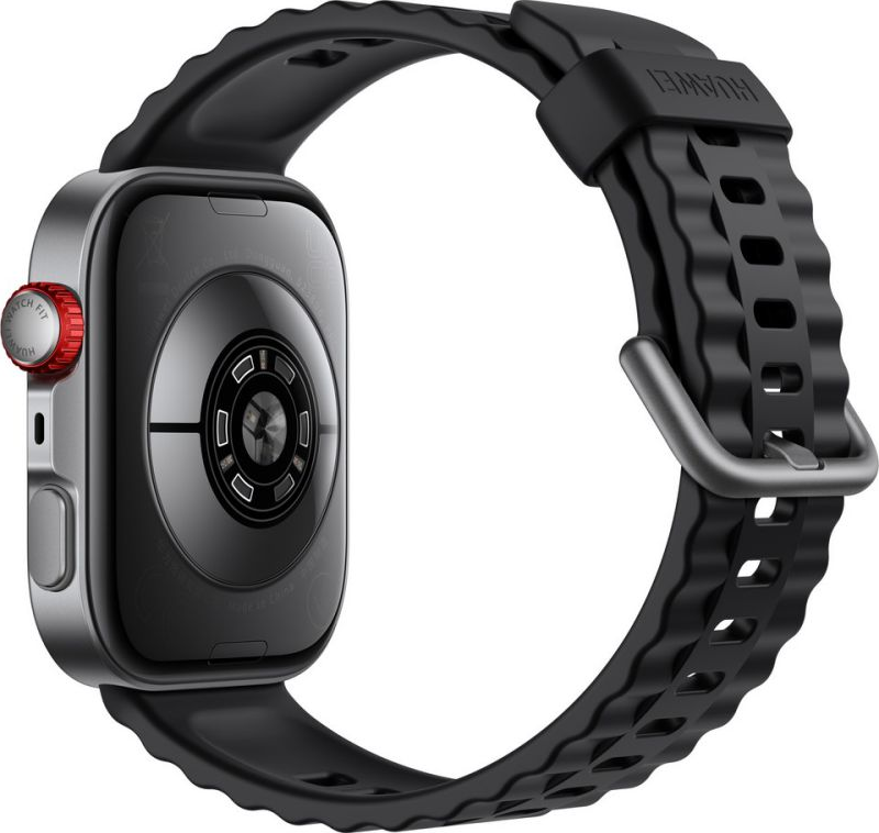 Eine silberne und schwarze Smartwatch mit schwarzem Armband. Die Uhr hat einen roten Knopf. Das Armband hat den Markennamen HUAWEI.