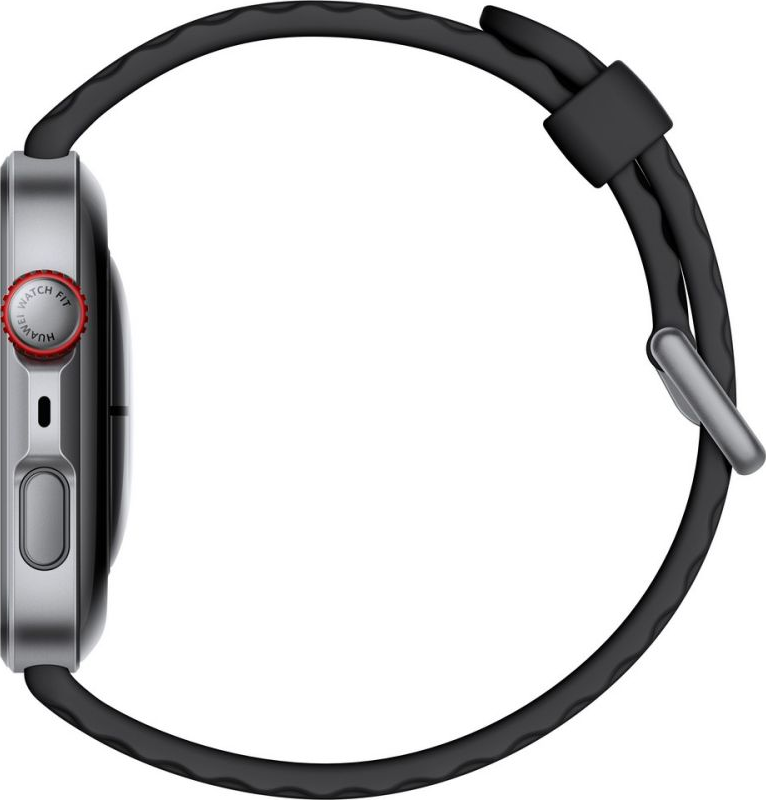 Seitenansicht einer Smartwatch mit silbernem Gehäuse und schwarzem Armband. Das Zifferblatt ist schwarz. Auf der Seite befindet sich ein roter Knopf mit weißem Text.