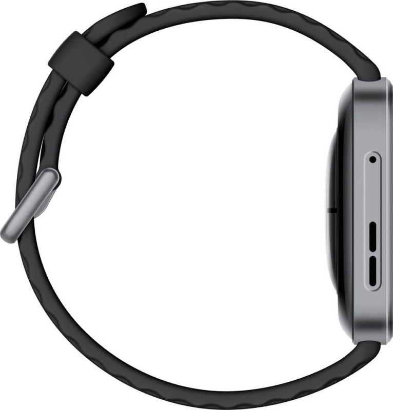 Seitenansicht einer Smartwatch. Sie hat ein schwarzes Armband und ein silberfarbenes Gehäuse. Das Armband hat eine Schnalle und die Uhr Knöpfe.