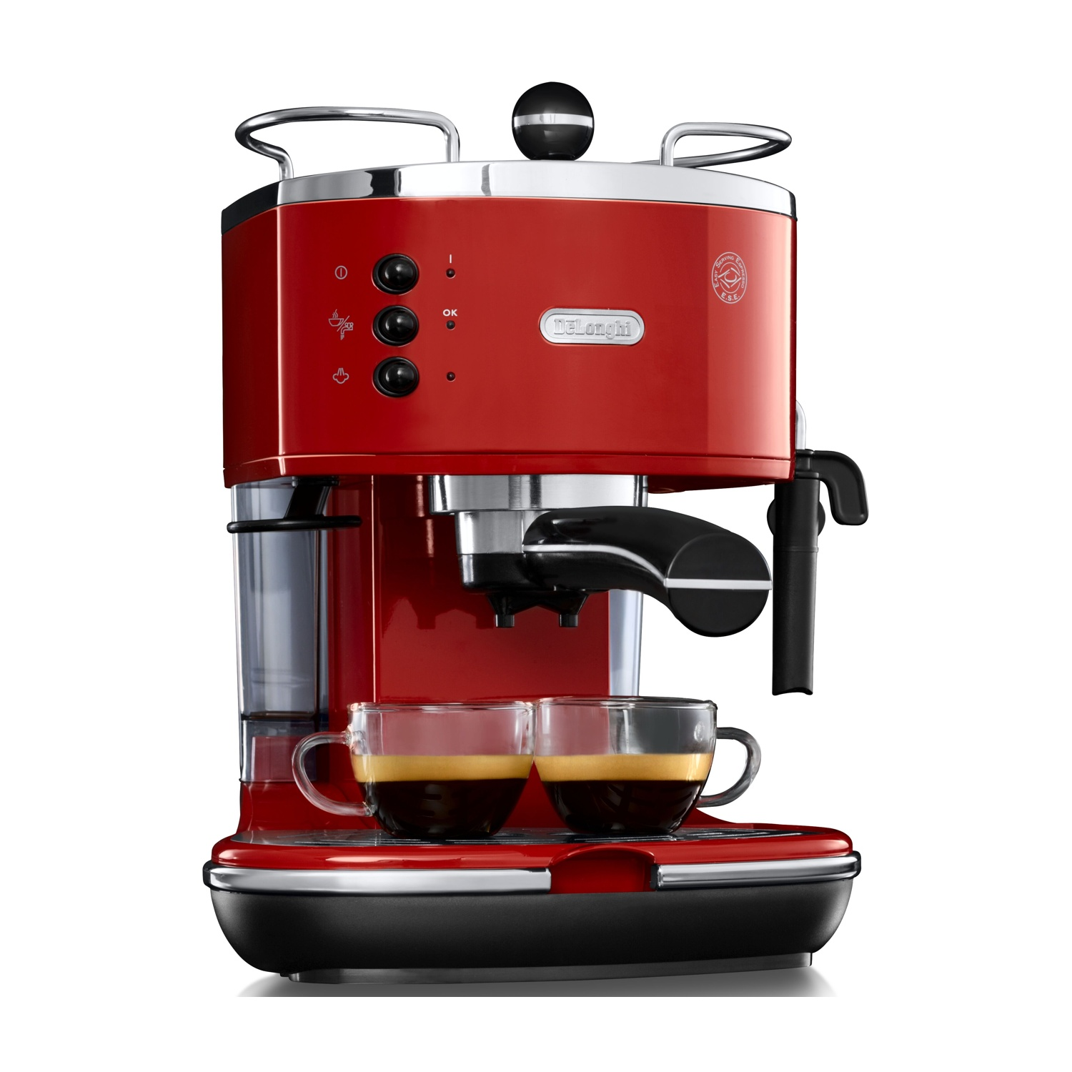 Una macchina per caffè espresso De'Longhi rossa con due tazze di caffè. Ha una base nera e finiture cromate.