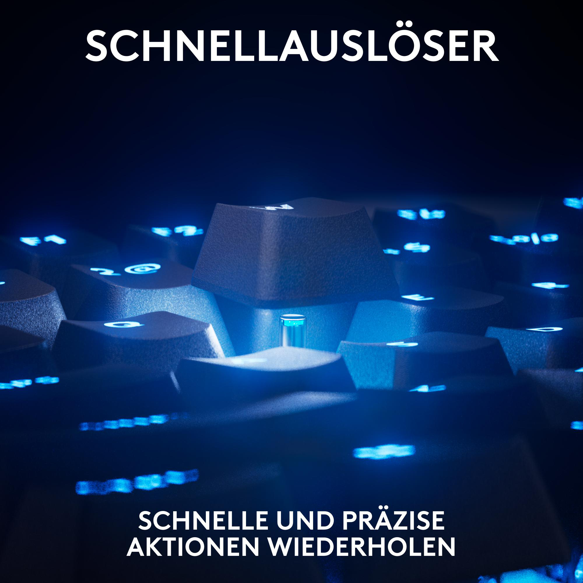 Nahaufnahme einer hintergrundbeleuchteten Tastatur mit blauem Licht. Oben steht 'SCHNELLAUSLÖSER', unten 'SCHNELLE UND PRÄZISE AKTIONEN WIEDERHOLEN'.