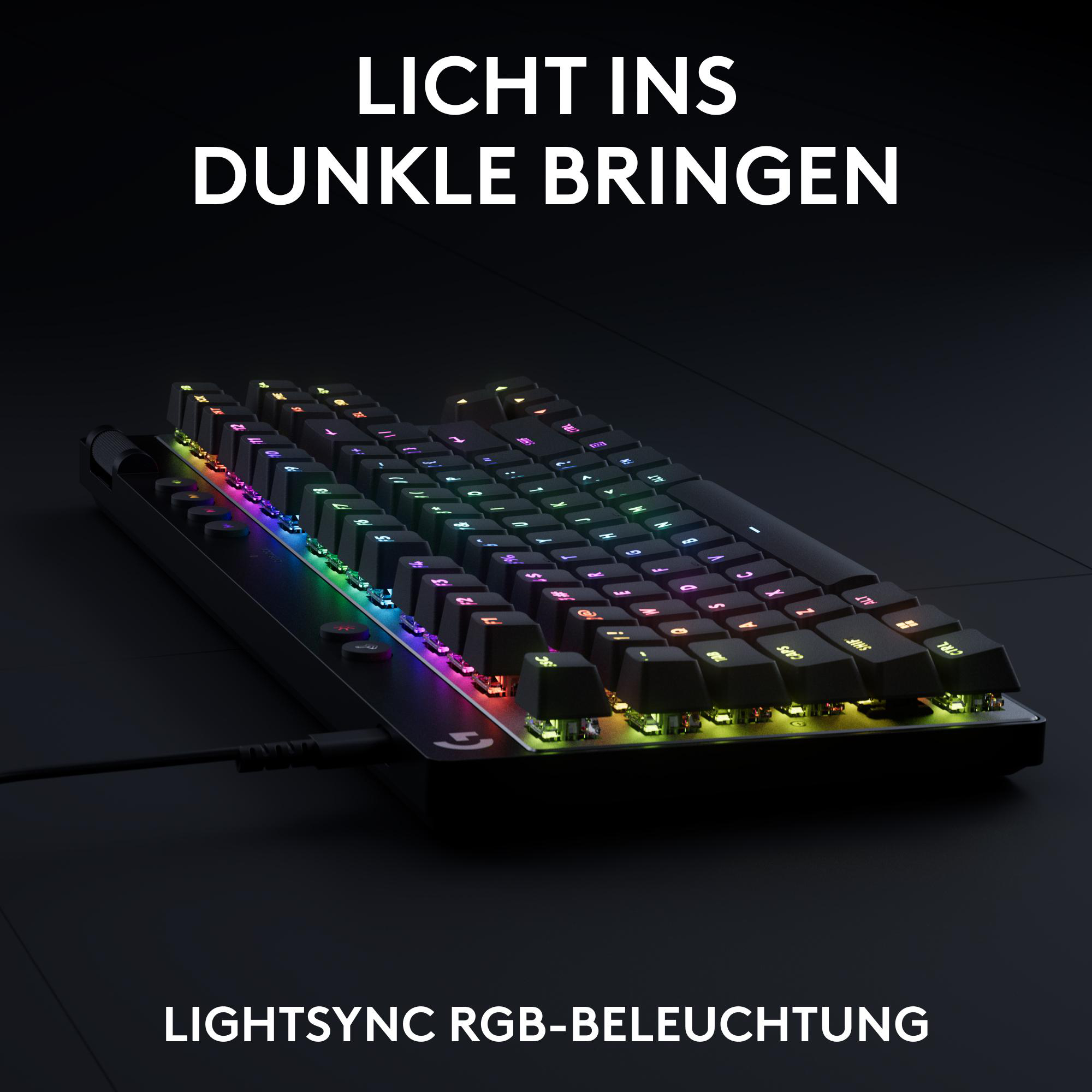 Eine schwarze Tastatur mit RGB-Beleuchtung wird angezeigt. Die Tasten leuchten in verschiedenen Farben. Der Text oben lautet 'LICHT INS DUNKLE BRINGEN'.