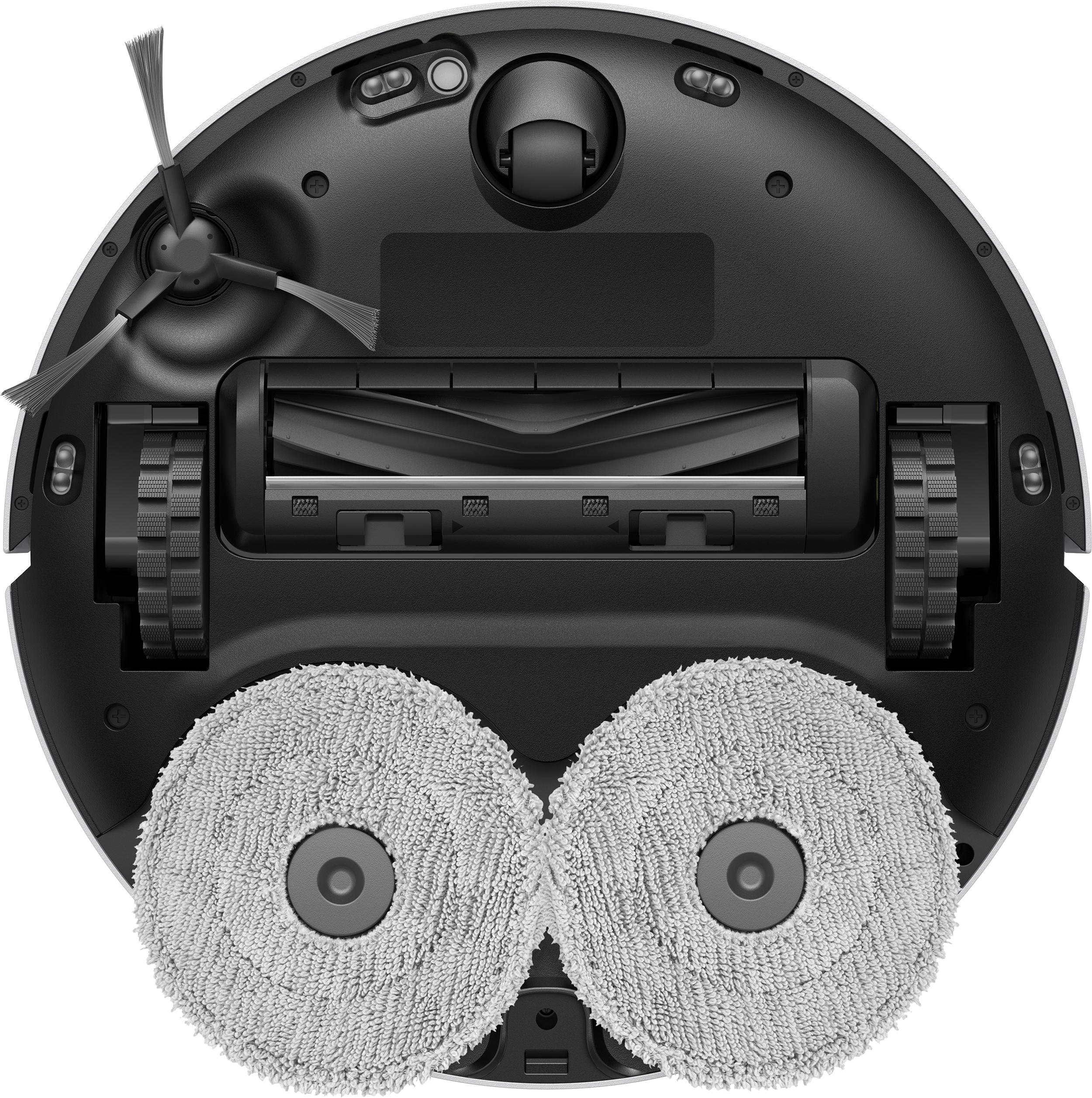 Robotporszívó alulnézet. Kefék, kerekek, tisztítópárnák és különböző fekete-szürke alkatrészek láthatók.