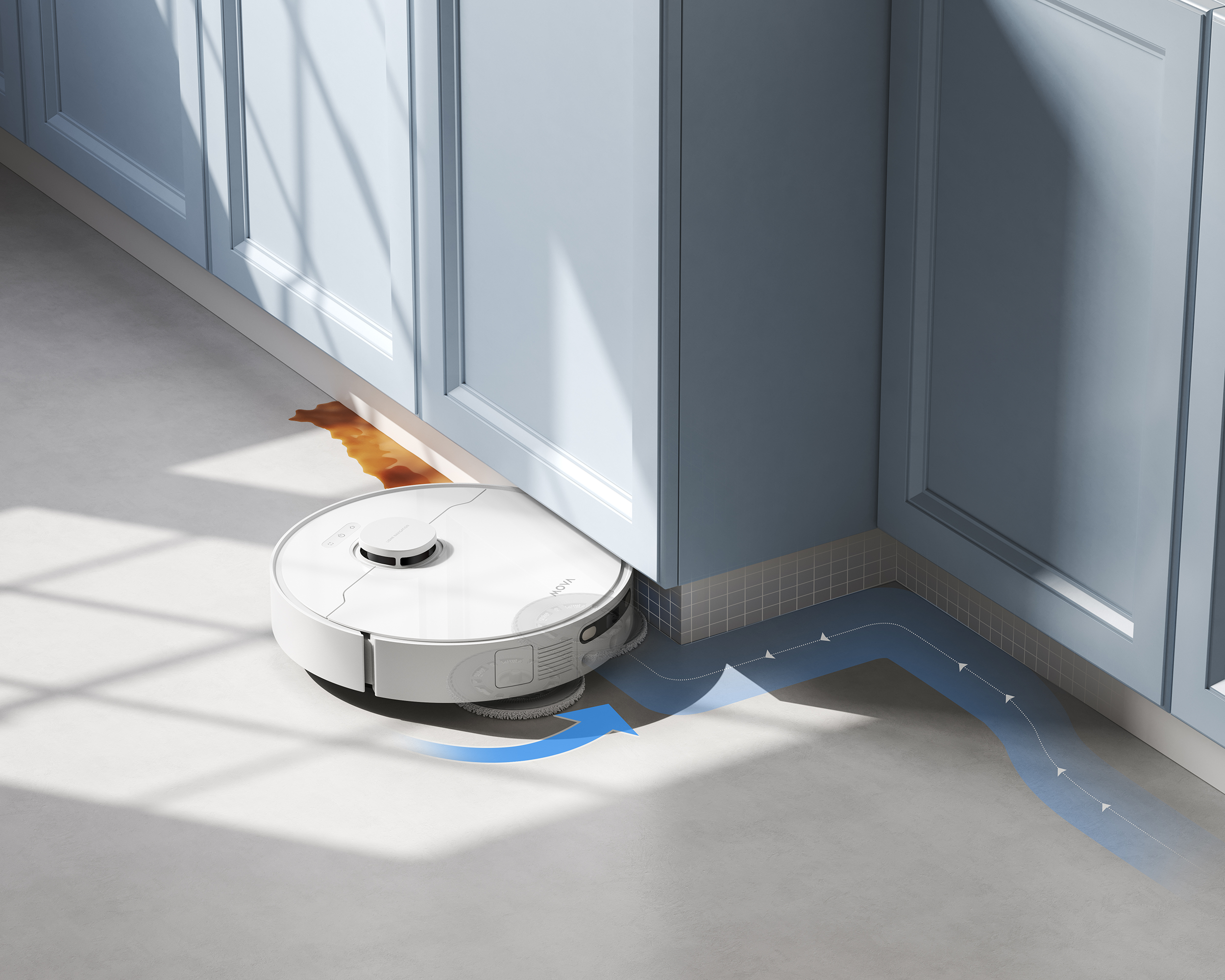 Egy fehér robotporszívó takarít egy barna foltos padlót. Kék nyilak mutatják a tisztítási útvonalát.