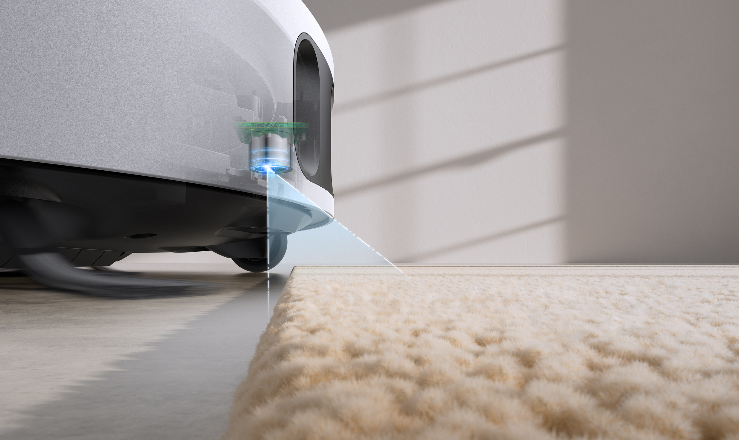 Robot porszívó bolyhos szőnyeget szkennel. A tisztító érzékelője látható, kék sugarat bocsát ki. Lágy fény és árnyék a falon.