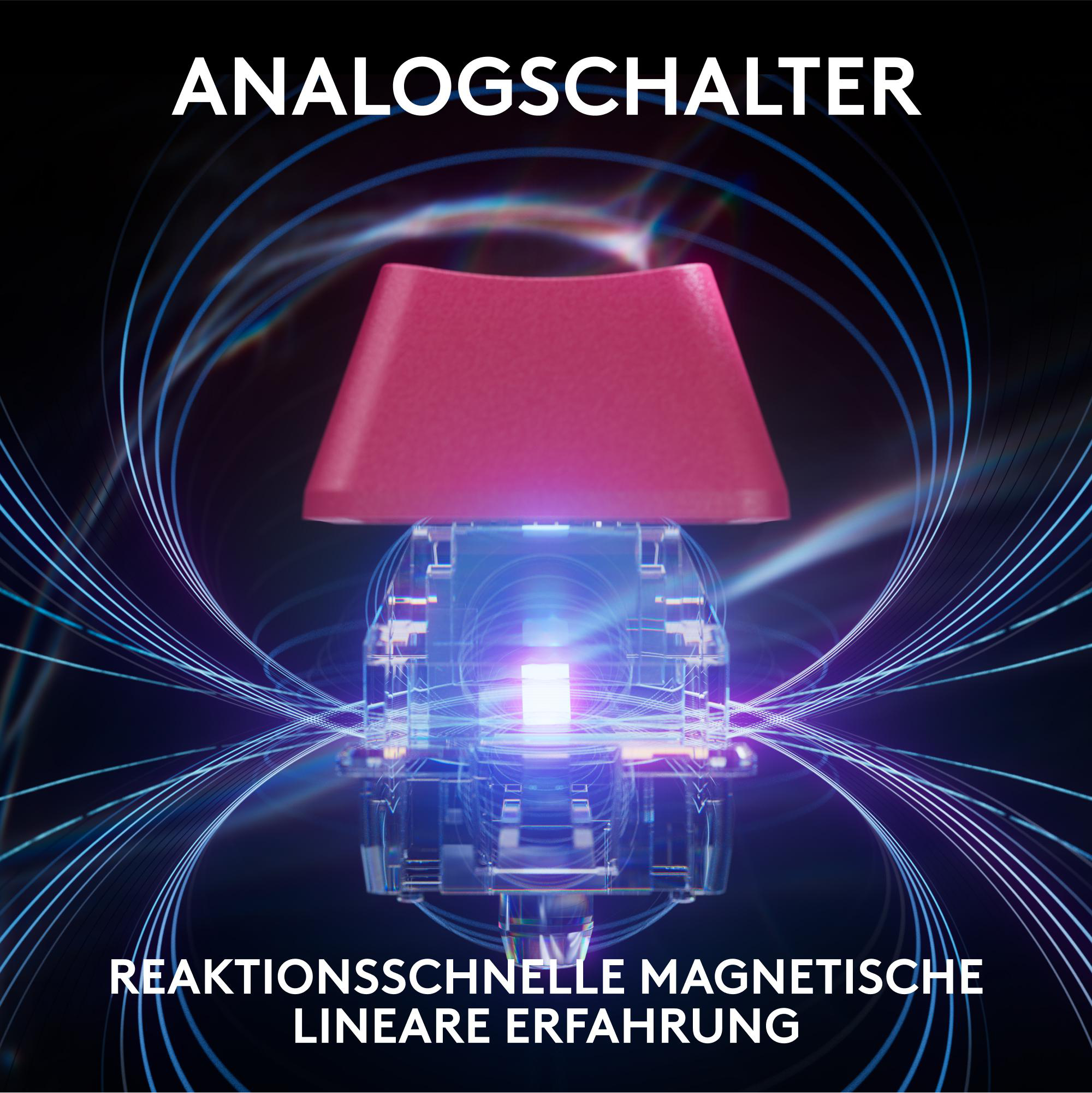 Eine rote Tastenkappe über einem blau beleuchteten Mechanismus. Weißer Text oben: 'Analogschalter', unten: 'Reaktionsschnelle Magnetische Lineare Erfahrung'.