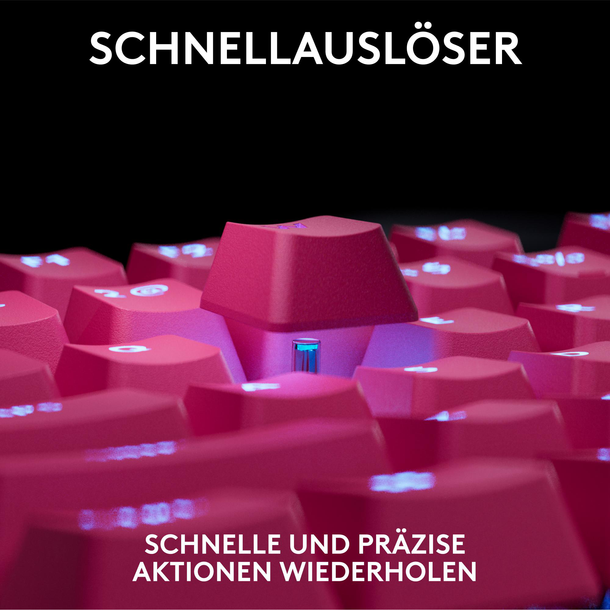 Nahaufnahme einer Tastatur mit rosa Tasten. Text oben: SCHNELLAUSLÖSER. Text unten: SCHNELLE UND PRÄZISE AKTIONEN WIEDERHOLEN.