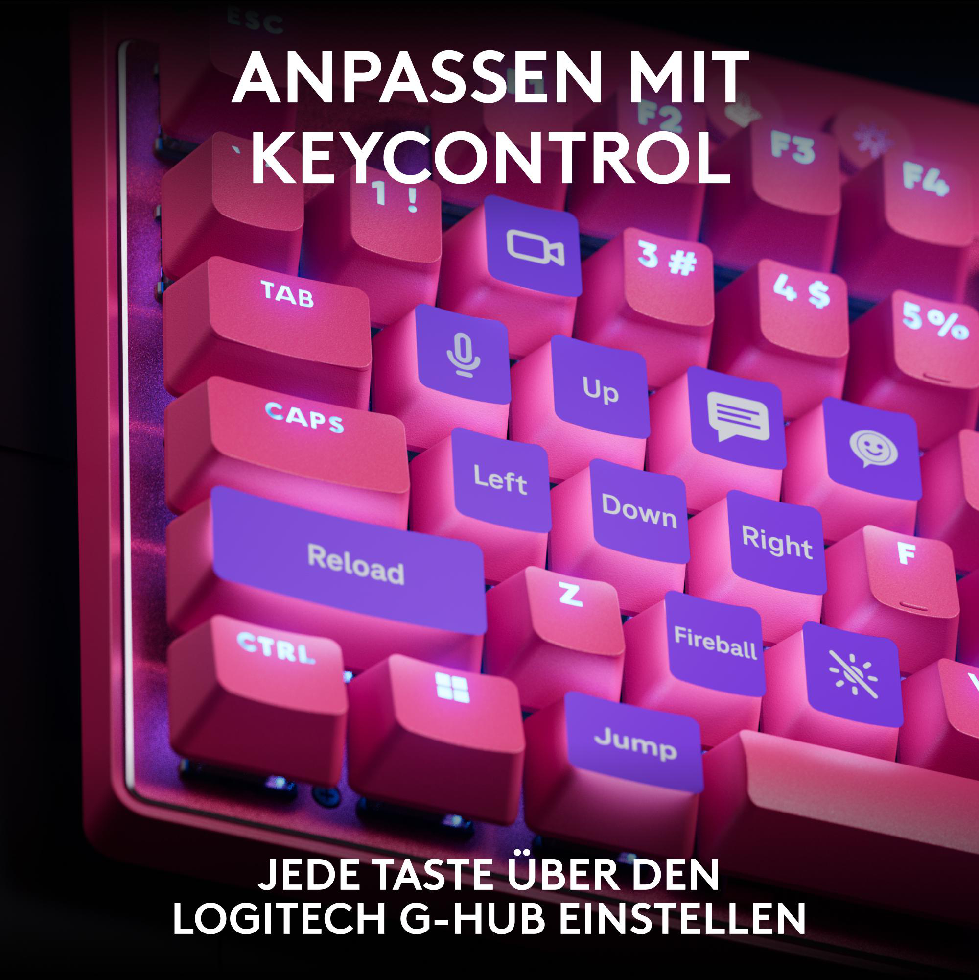 Nahaufnahme einer pinkfarbenen mechanischen Tastatur. Tasten sind mit lila Text anpassbar. Oben steht 'Anpassen Mit Keycontrol'.