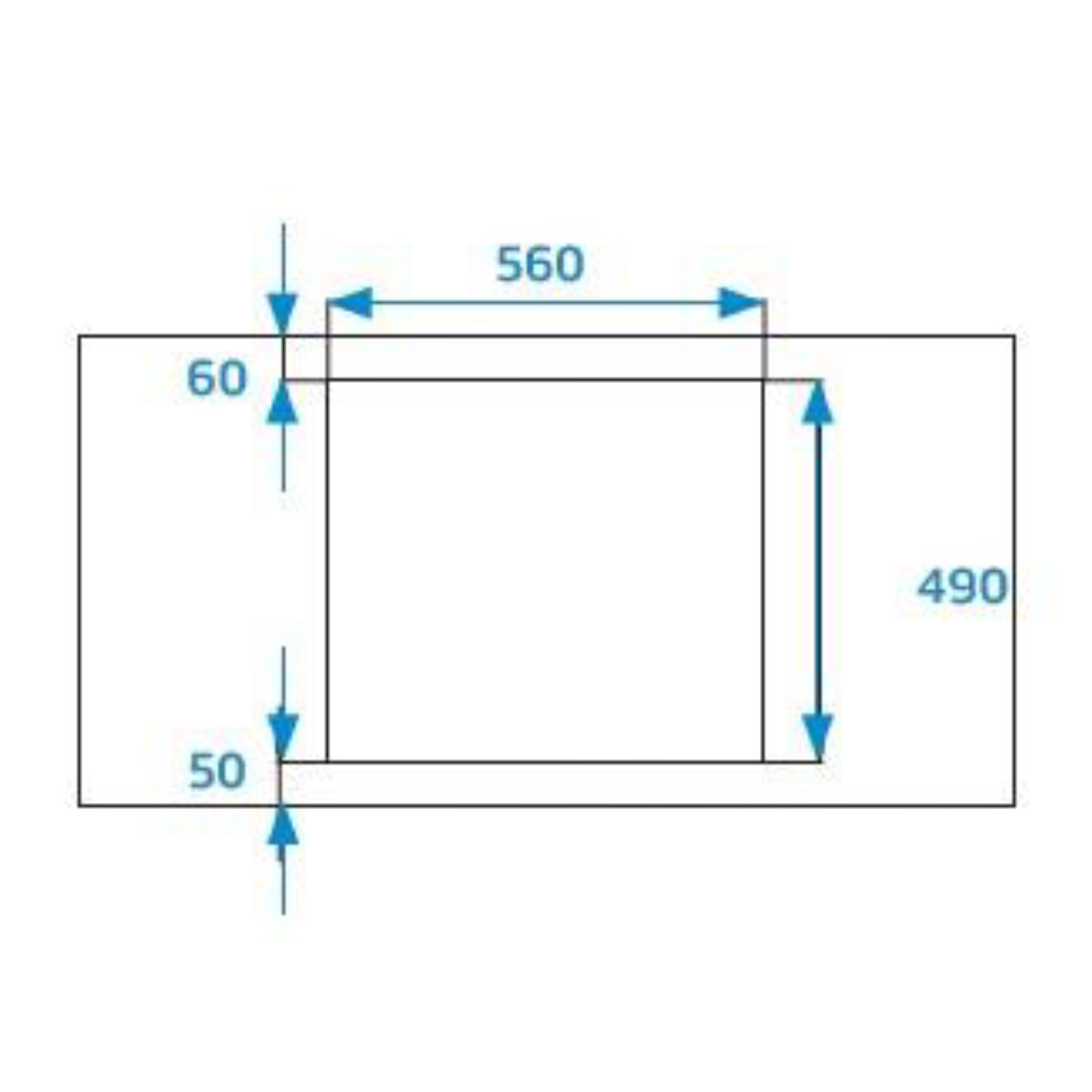 Diagramma che mostra le dimensioni di una forma rettangolare. Le misure includono 560, 490, 60 e 50 unità, con frecce che indicano le direzioni.