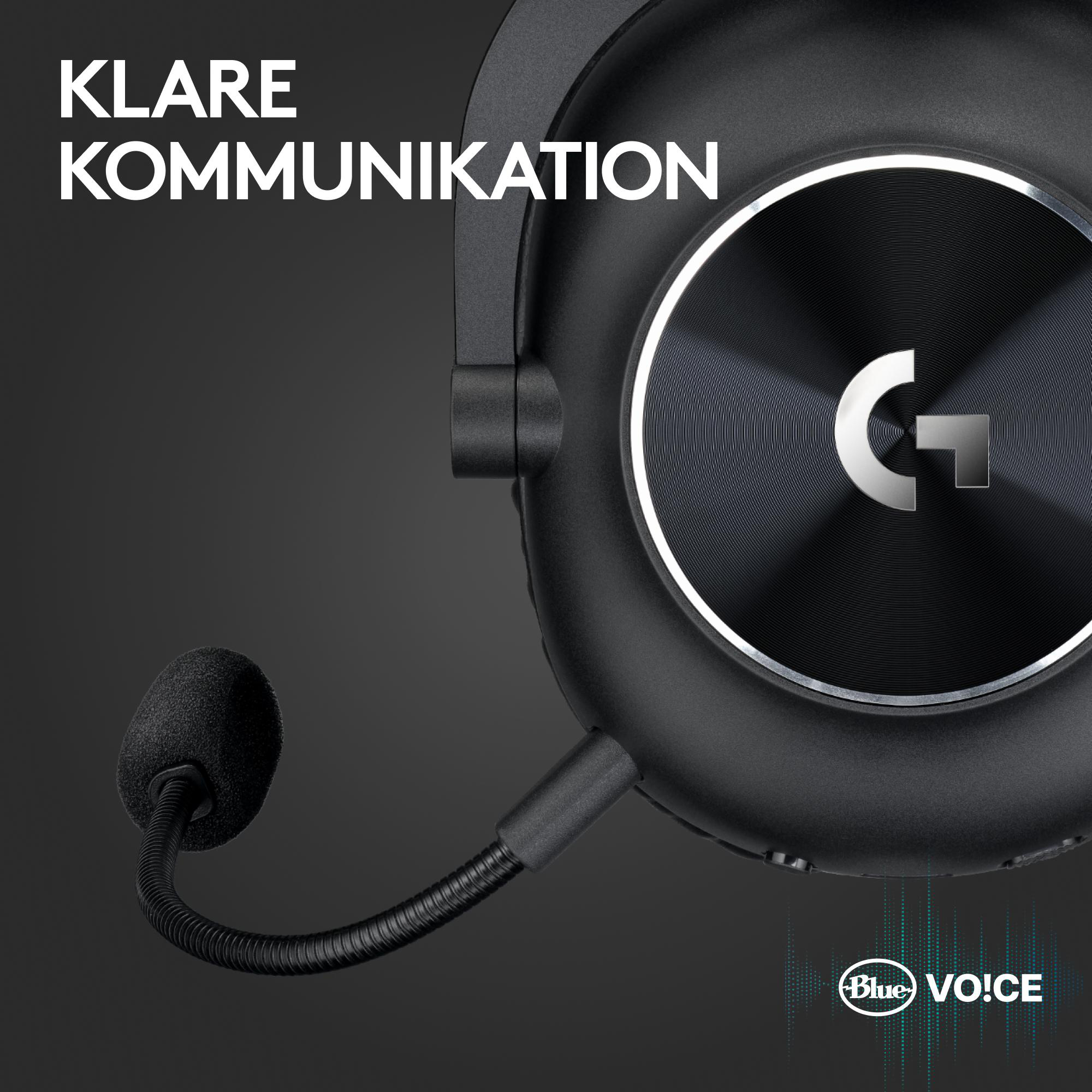 Schwarzes Headset mit Mikrofon. Das Logitech G-Logo ist sichtbar. Der Text "KLAR KOMMUNIKATION" steht oben.