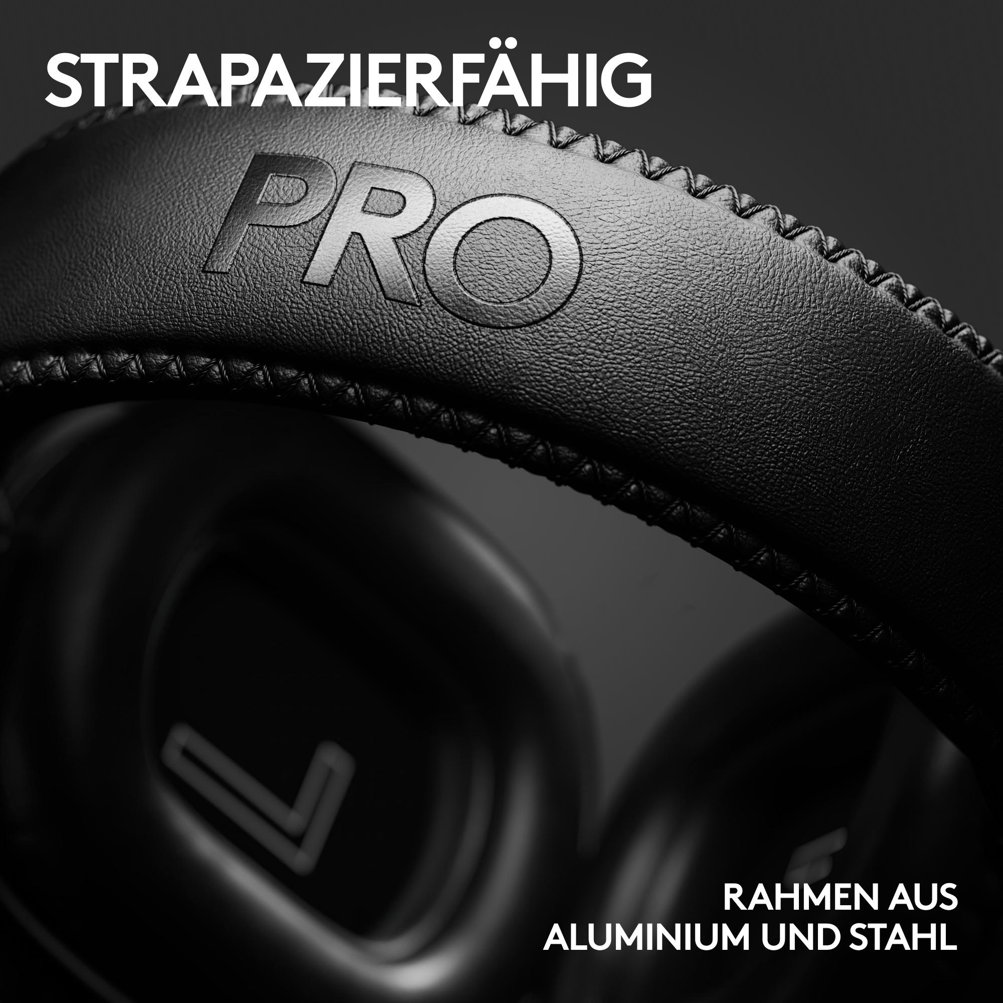 Nahaufnahme eines schwarzen Kopfhörers. Das Wort PRO ist auf die Lederoberfläche geprägt. Text: Rahmen aus Aluminium und Stahl.