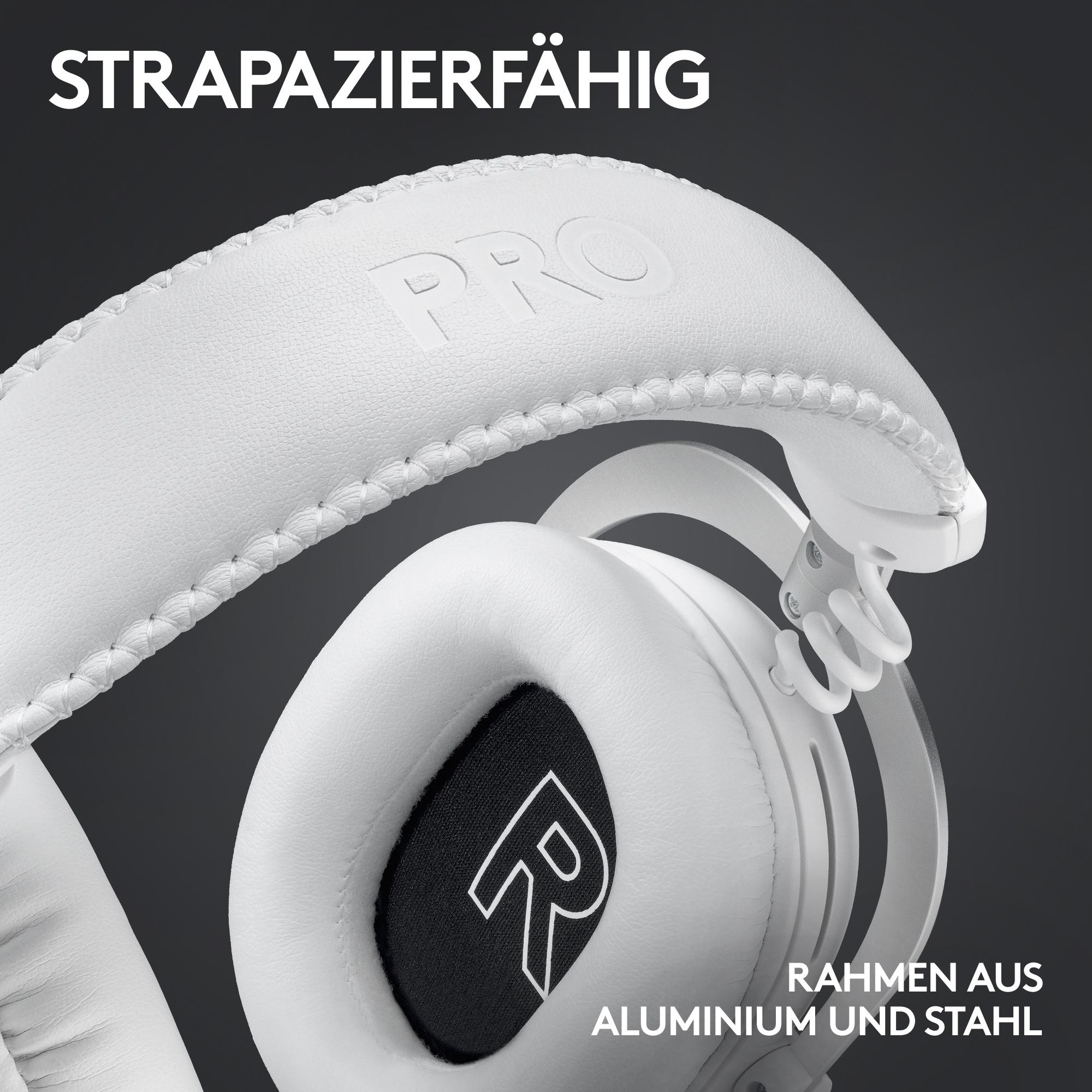 Weiße Kopfhörer mit genähtem Kopfband und Ohrmuscheln. Schwarze Innenohr mit weißem 'R'-Logo. Silberner Rahmen. Schwarzer Hintergrund.