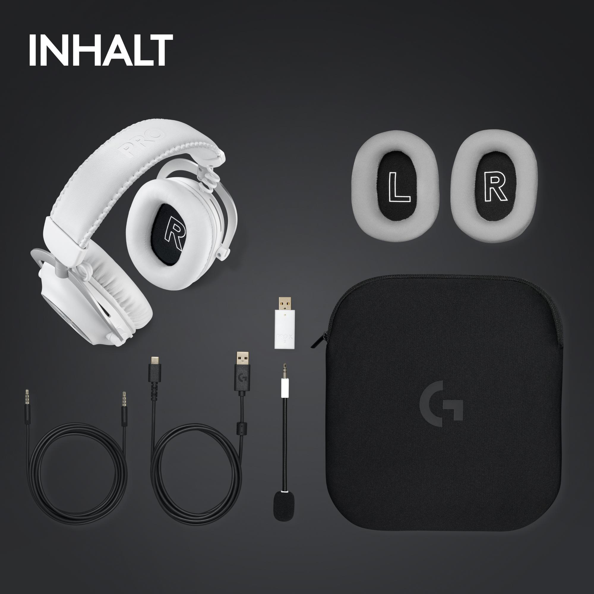 Weiße Kopfhörer, Ohrpolster, Kabel, Mikrofon und eine schwarze Hülle werden auf grauem Hintergrund gezeigt.