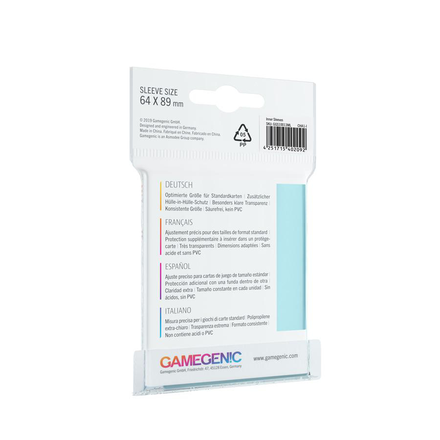 Weiße Gamegenic-Kartenhüllenverpackung. Text in mehreren Sprachen, mit Größenangaben.