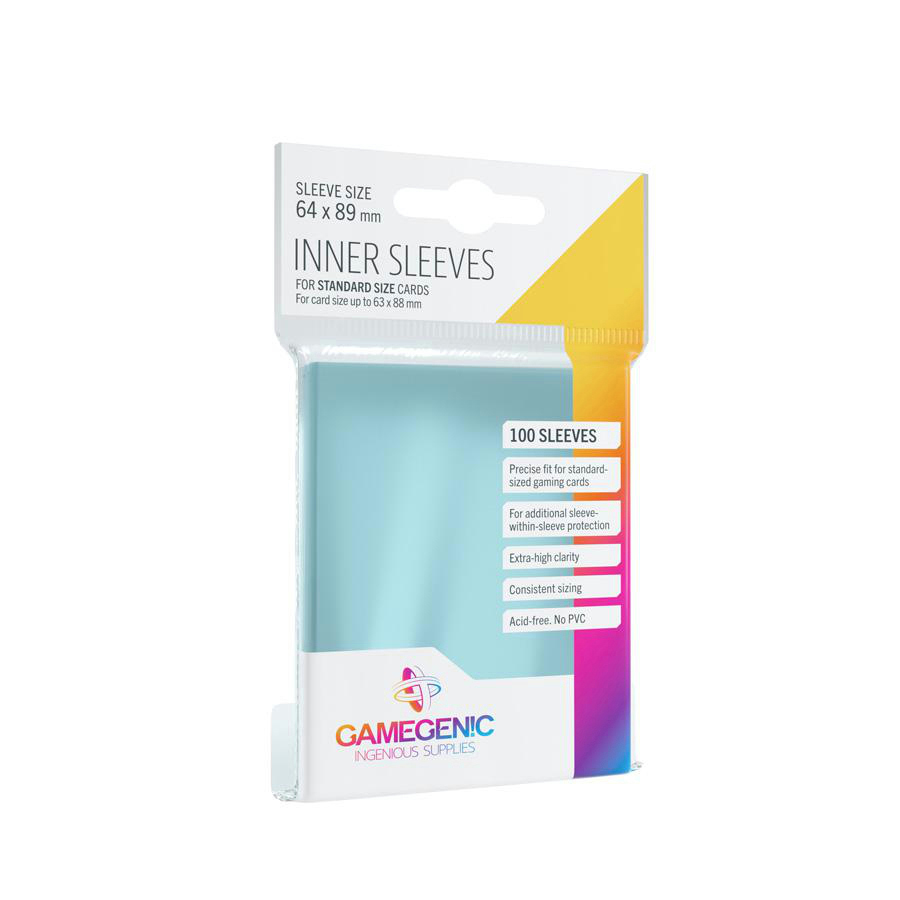 Eine Packung Gamegenic Innere Sleeves, 100 Stück, für Karten in Standardgröße. Merkmale sind hohe Klarheit, präzise Passform und säurefreies Material.