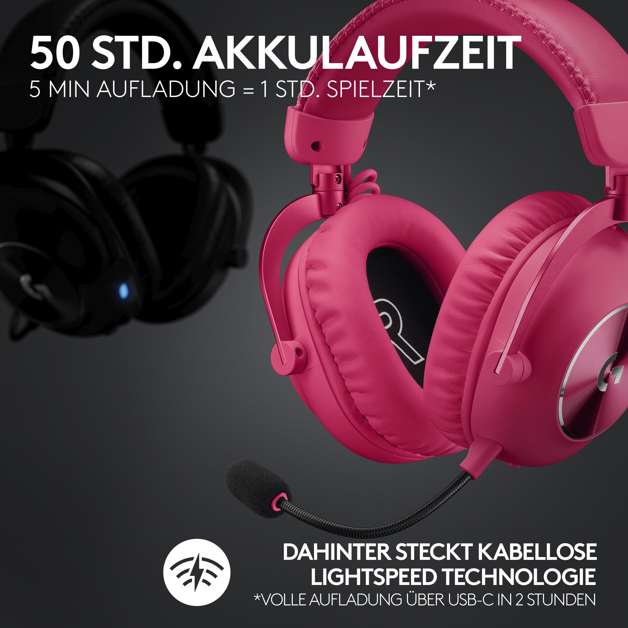 Drahtloses pinkfarbenes Headset mit schwarzem Mikrofon. Text besagt 50h Akku und Lightspeed-Technologie.
