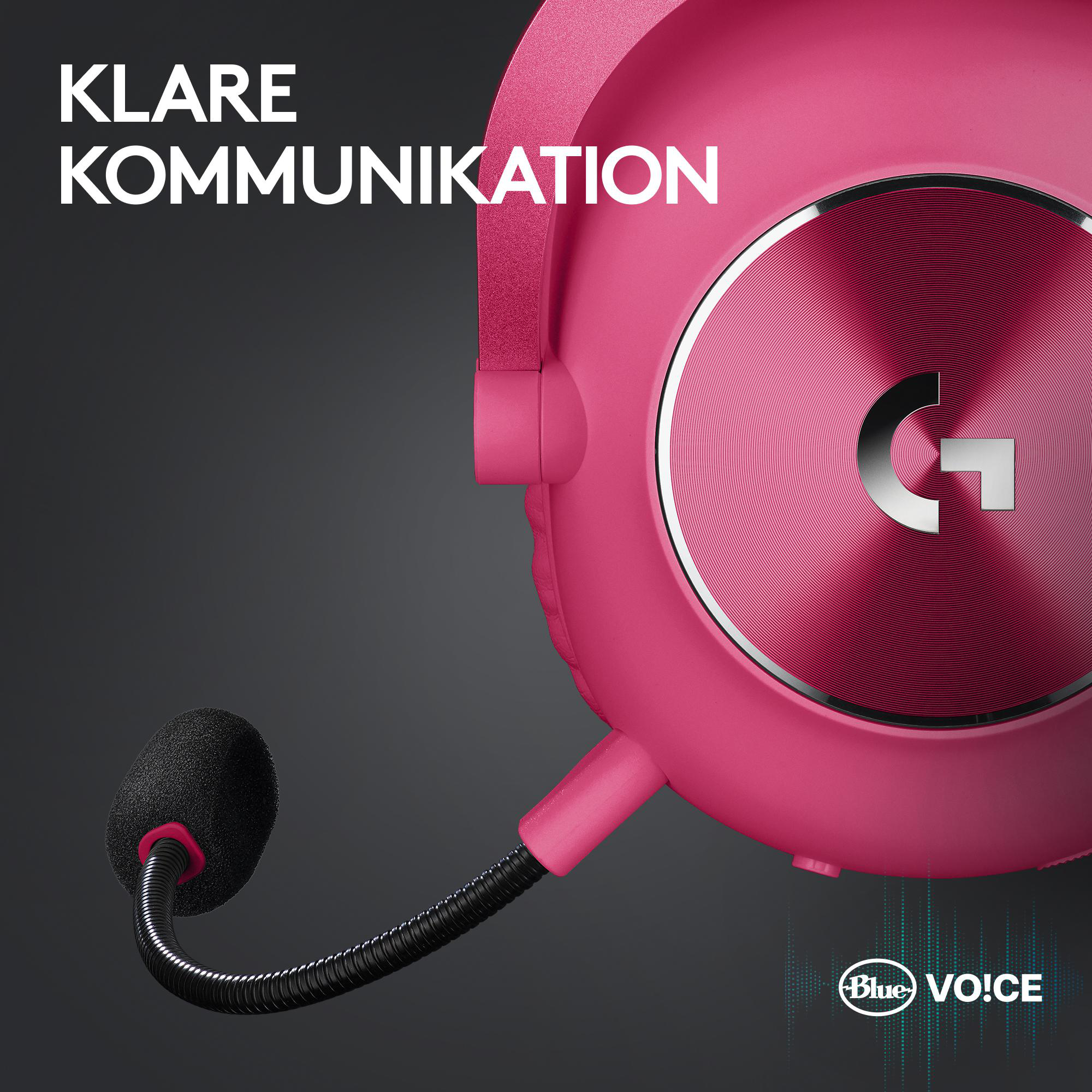 Rosa Headset mit Mikrofon. Das Headset hat das Logitech-Logo. Der Text auf dem Bild lautet 'KLARE KOMMUNIKATION' und 'Blue VO!CE'.