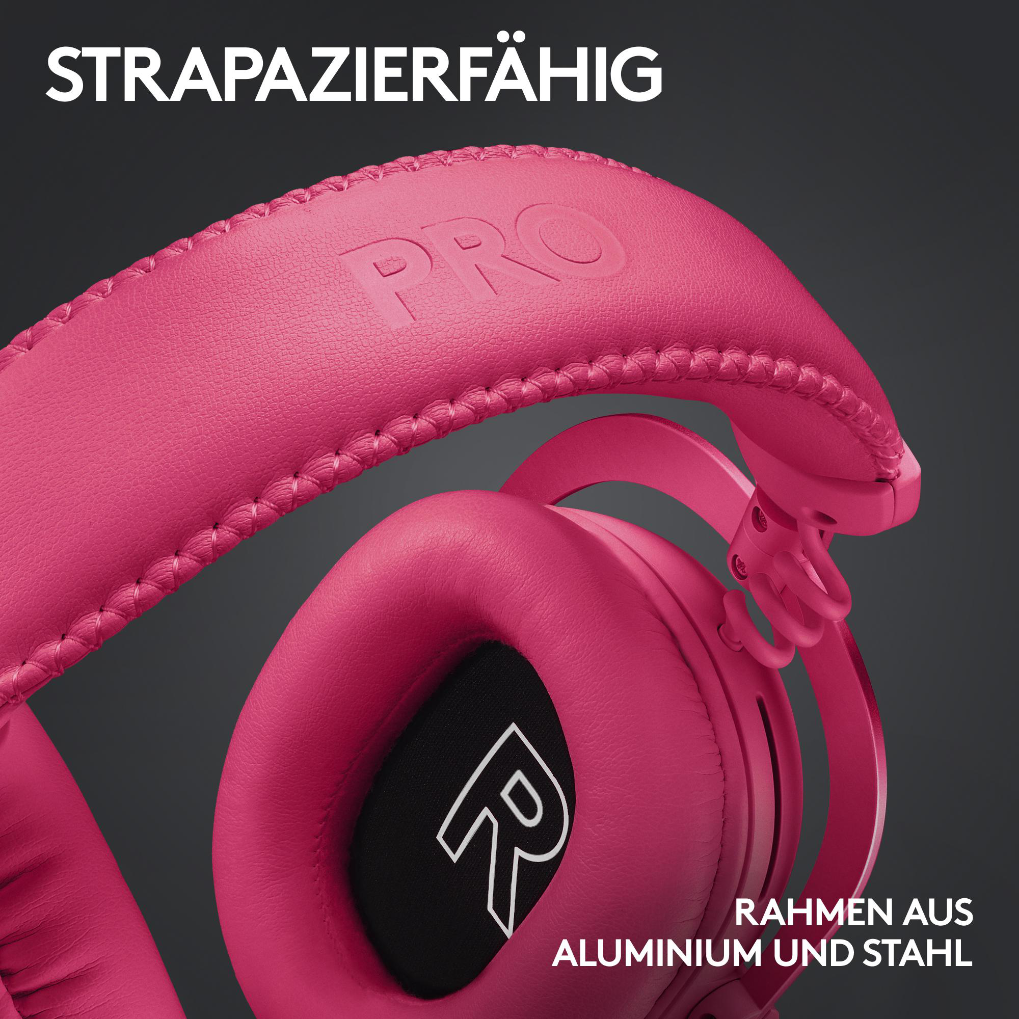 Pinke Kopfhörer mit dem eingeprägten Wort „PRO“ und weißem Text auf schwarzem Hintergrund. Der Rahmen besteht aus Aluminium und Stahl.