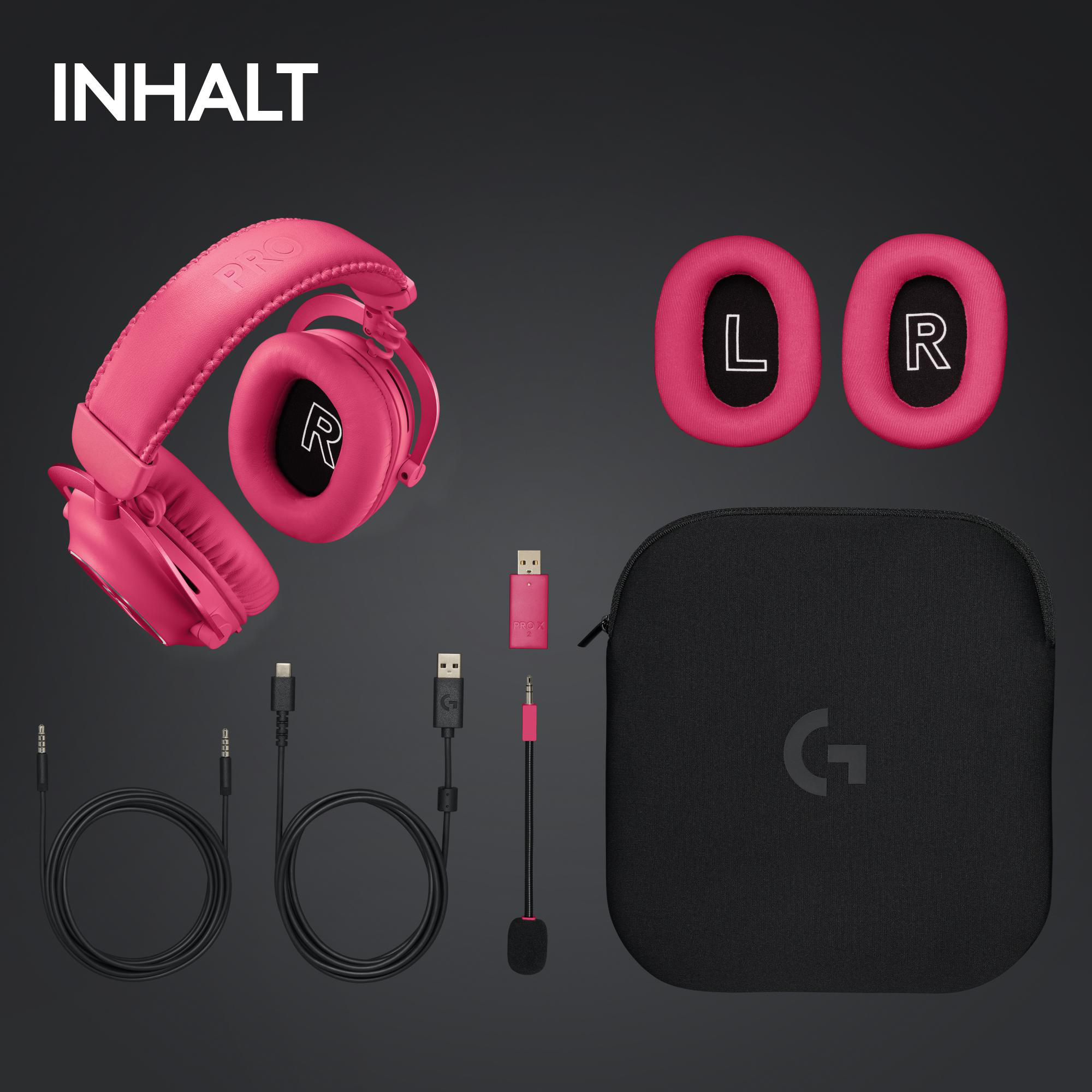Rosa Logitech Pro X Headset, Ohrpolster, Kabel, Etui und Zubehör auf dunklem Hintergrund.