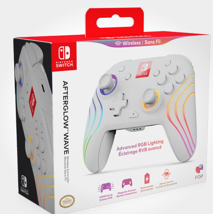 Weißer Nintendo Switch-Controller in einer Box. Regenbogenlichter auf dem Controller. Auf der Box steht Afterglow Wave.