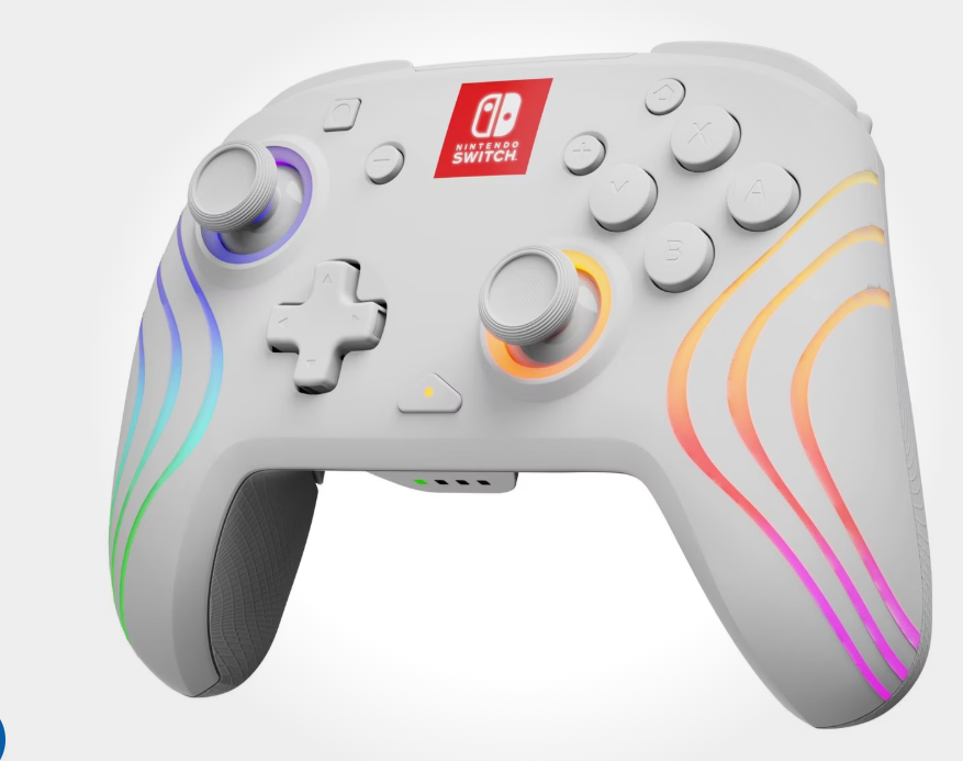 Weißer Nintendo Switch Pro Controller mit bunten leuchtenden Linien. Mit Knöpfen, Joysticks und einem roten Nintendo Switch Logo.