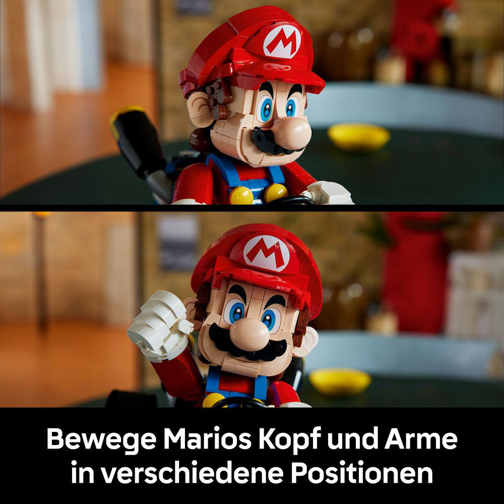 Lego-Mario-Figur in zwei Positionen. Roter Hut, Latzhose und Schnurrbart. Der Text unten lautet: Bewege Marios Kopf und Arme in verschiedenen Positionen.