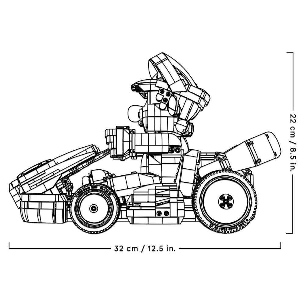 Schwarz-Weiß-Strichzeichnung eines Karts mit Charakter. Abmessungen: 32 cm / 12,5 Zoll und 22 cm / 8,5 Zoll.
