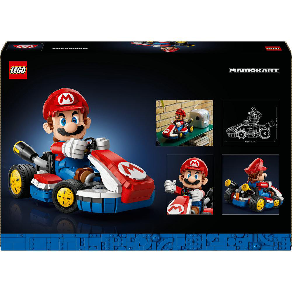 Lego MarioKart Set-Box. Mario in einem rot-weißen Kart. Das Set enthält kleinere Bilder des Karts und Mario-Figuren.