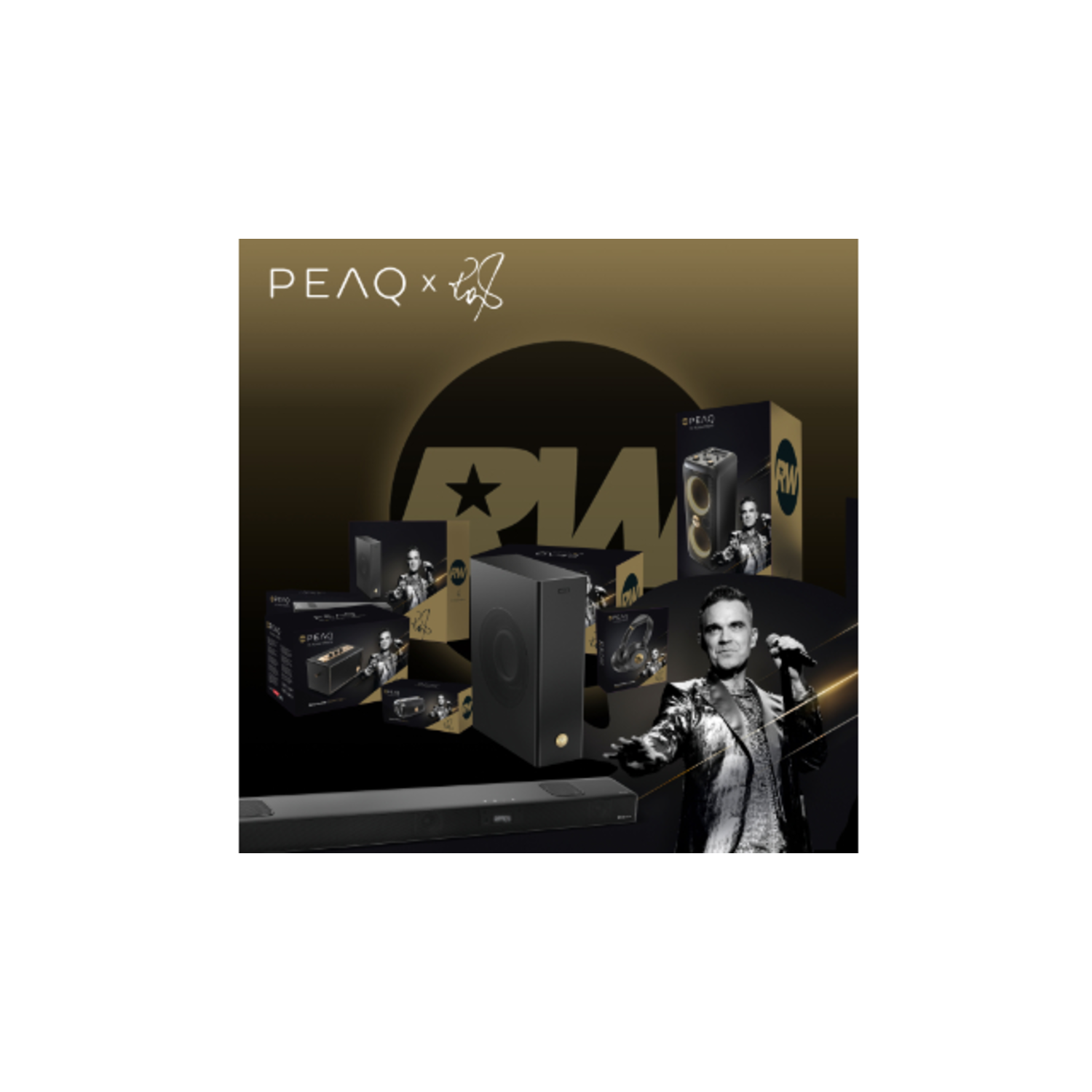 Image features audio equipment boxes, a speaker, and a singer. The boxes have the PEAQ logo and Robbie Williams' image.