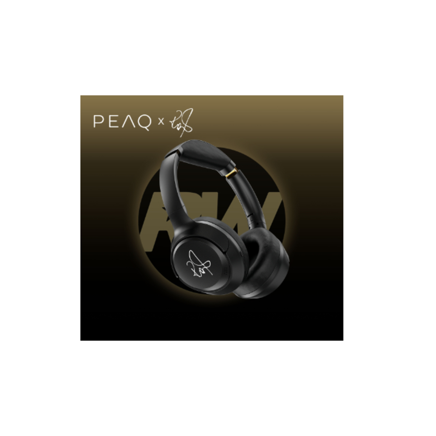 Black headphones with a signature on a golden background. The brand name is PEAQ.