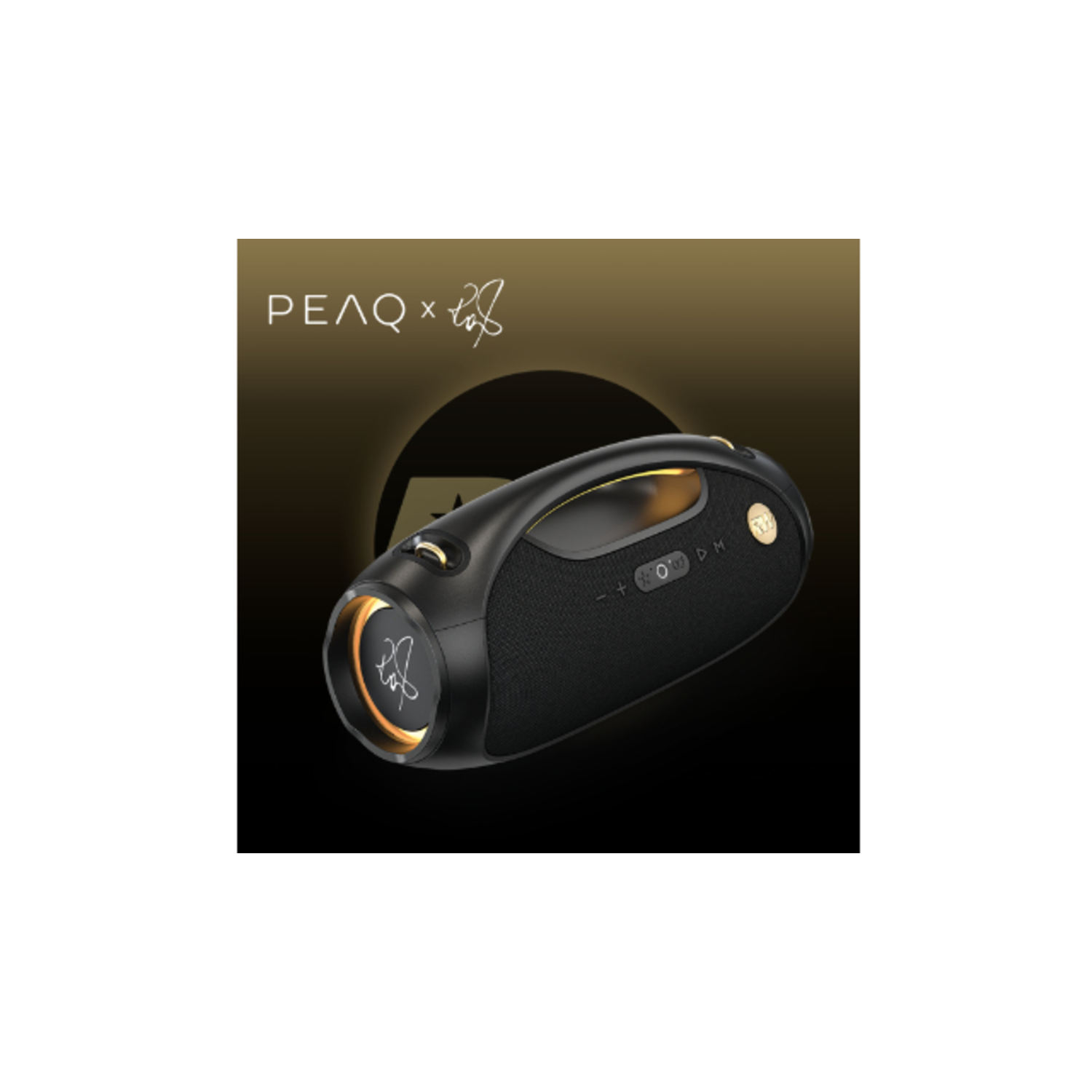 A black and gold speaker with the brand name PEAQ. The speaker has a handle and control buttons. The background is a gradient.