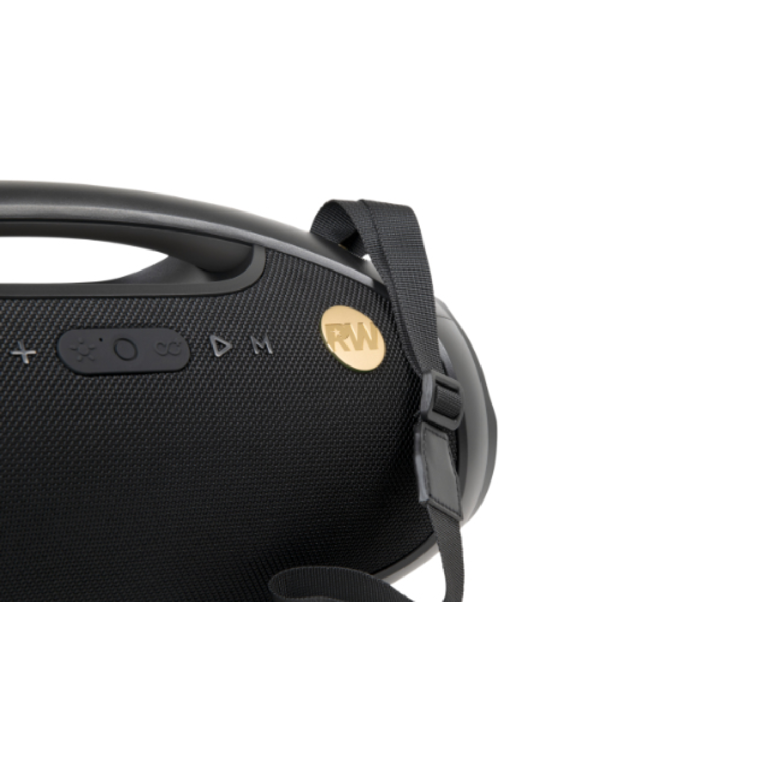 Close-up of a black speaker with a black strap. Gold RW logo. Buttons for volume and functions. White background.