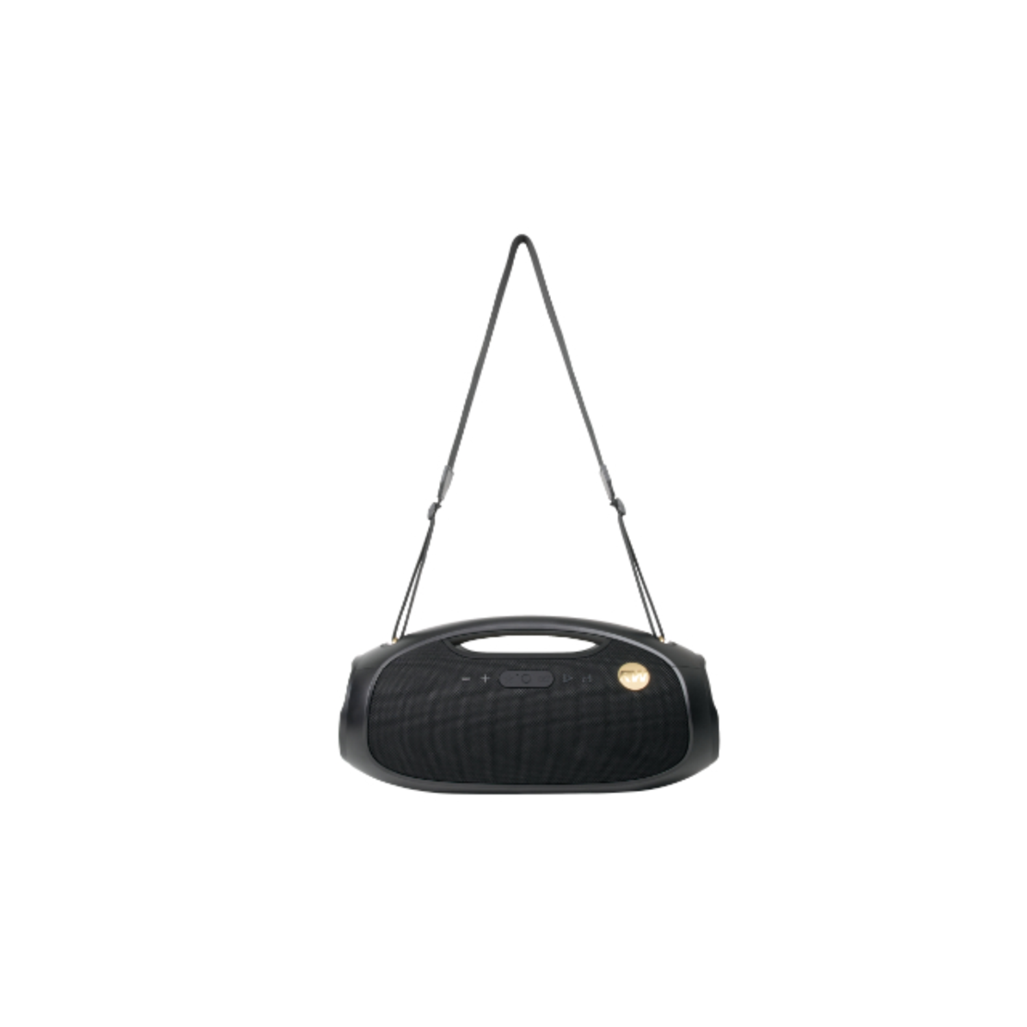 A black portable speaker with a shoulder strap hangs against a white background. The speaker has buttons and a gold logo.