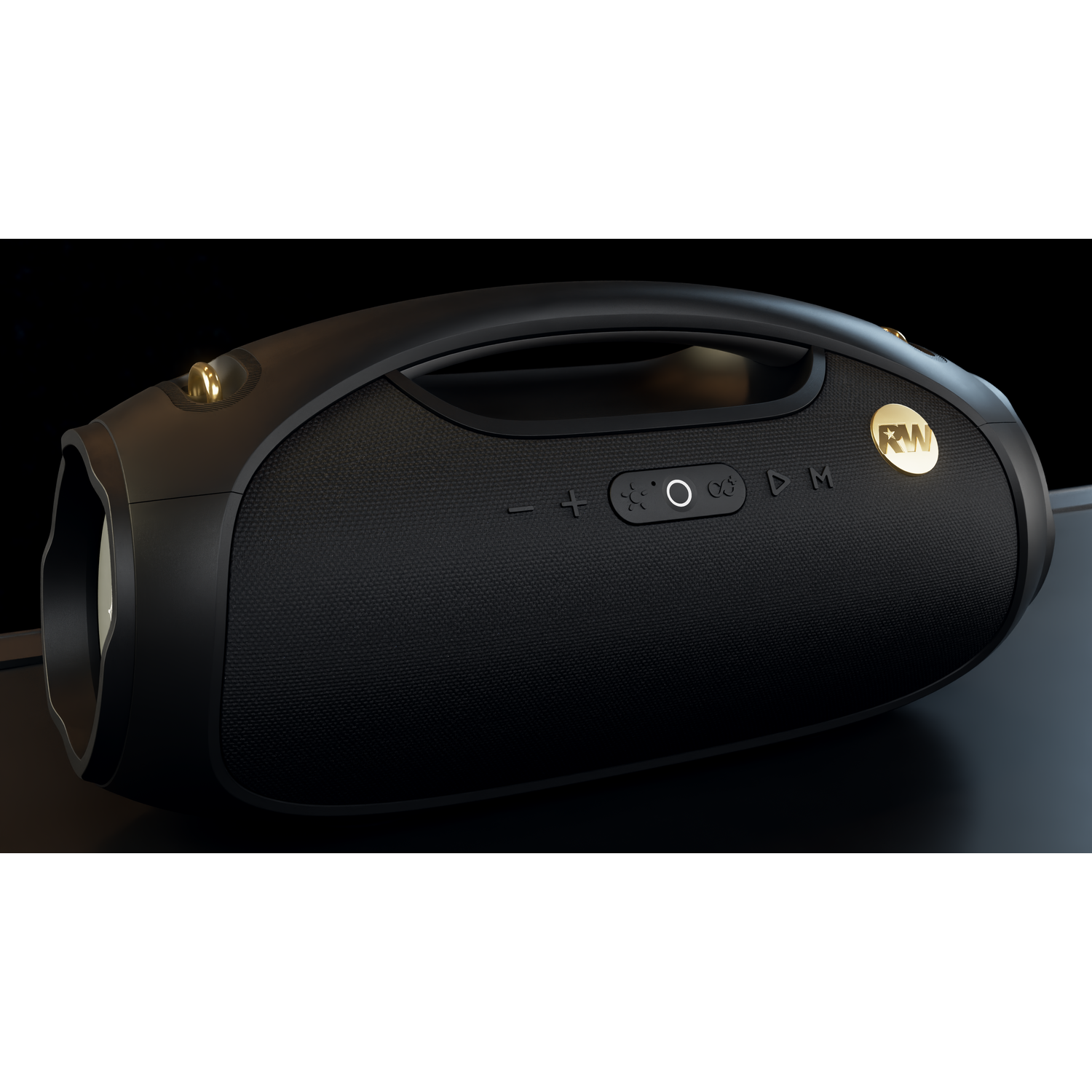 A black boombox with gold accents on a black surface. It has buttons and a handle. The background is black.