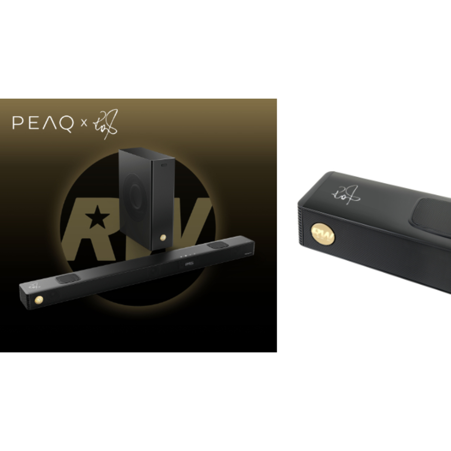 Afbeelding toont een zwarte soundbar, subwoofer en een logo. De soundbar staat op een zwarte achtergrond.
