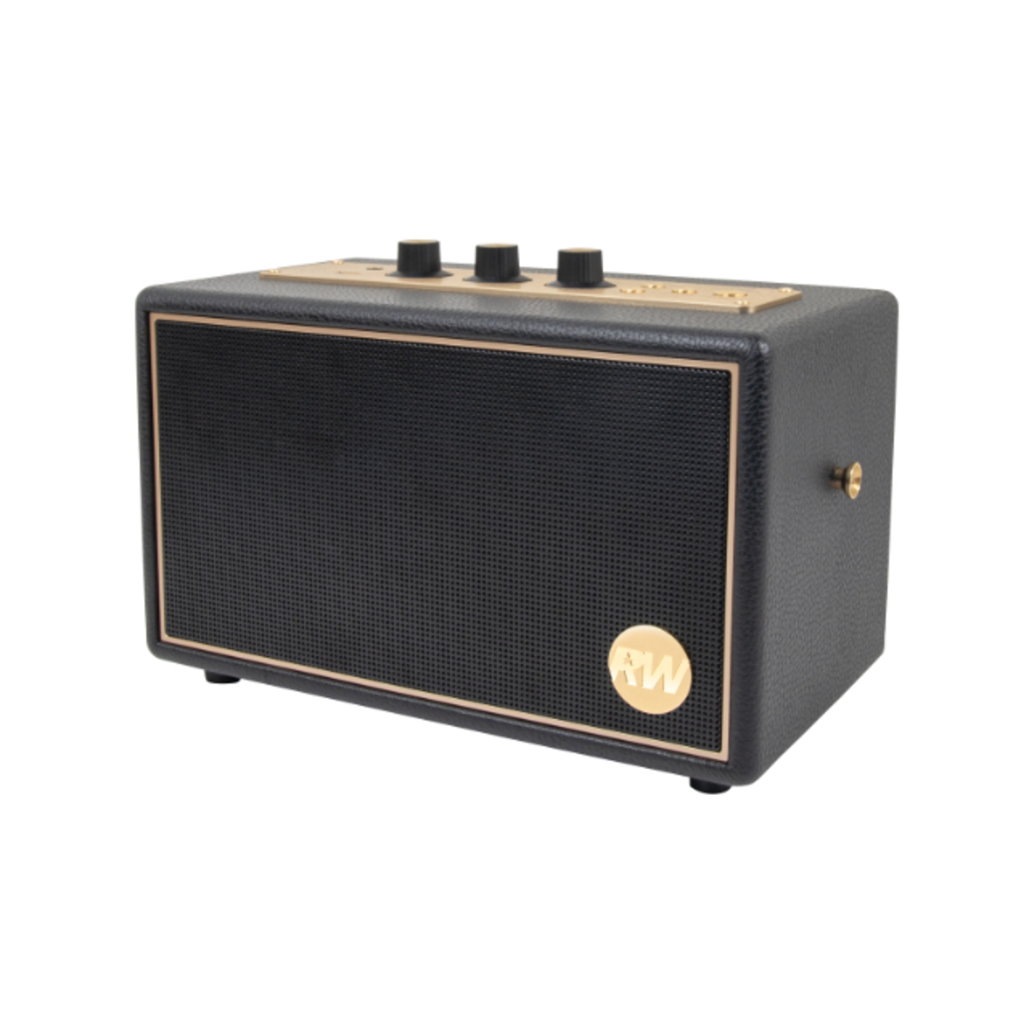 Black and gold speaker with mesh front, gold trim, and control knobs on top. The speaker has the letters RW in a circle.