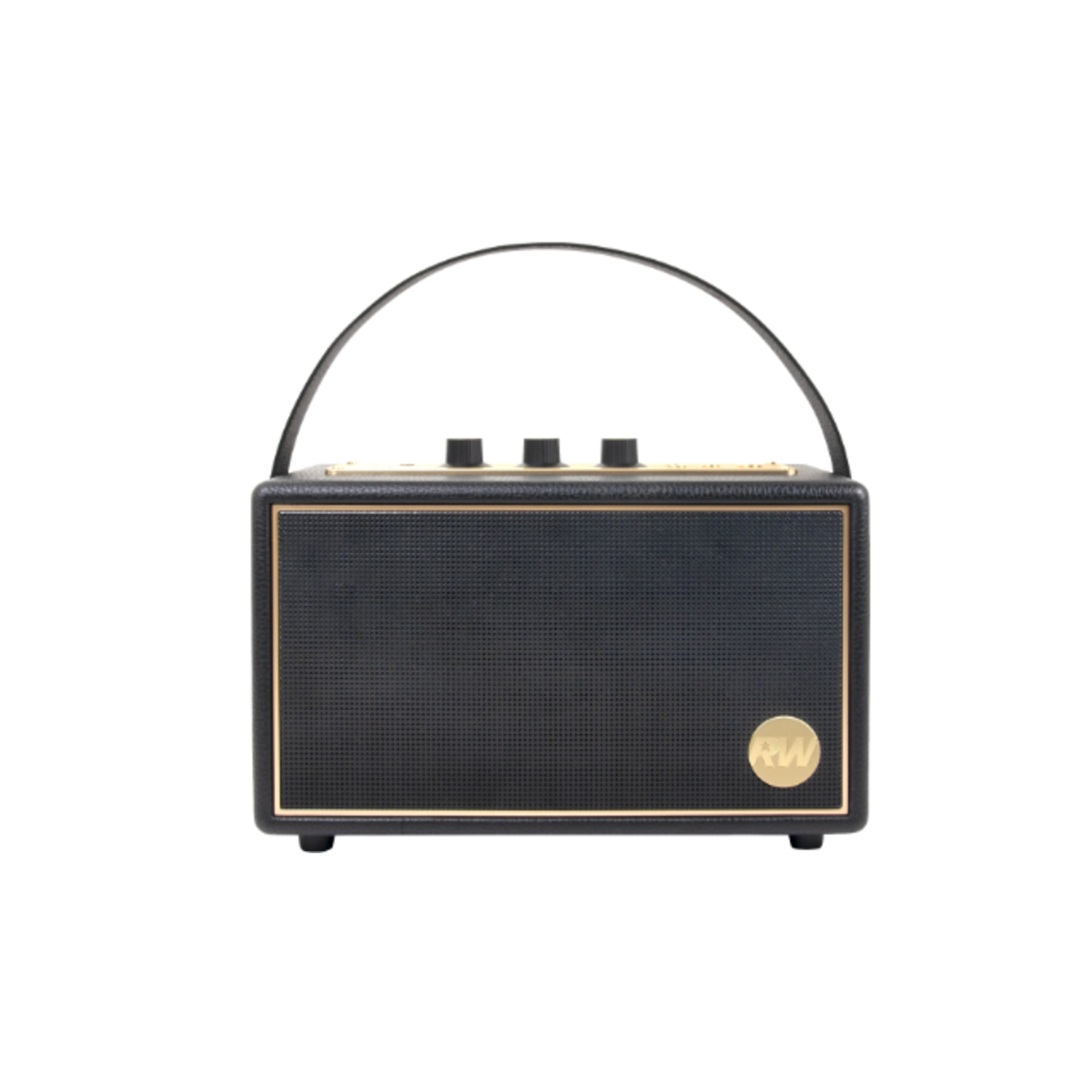 A black and gold portable speaker with a handle. The speaker has a mesh front, gold trim, and a circular logo.