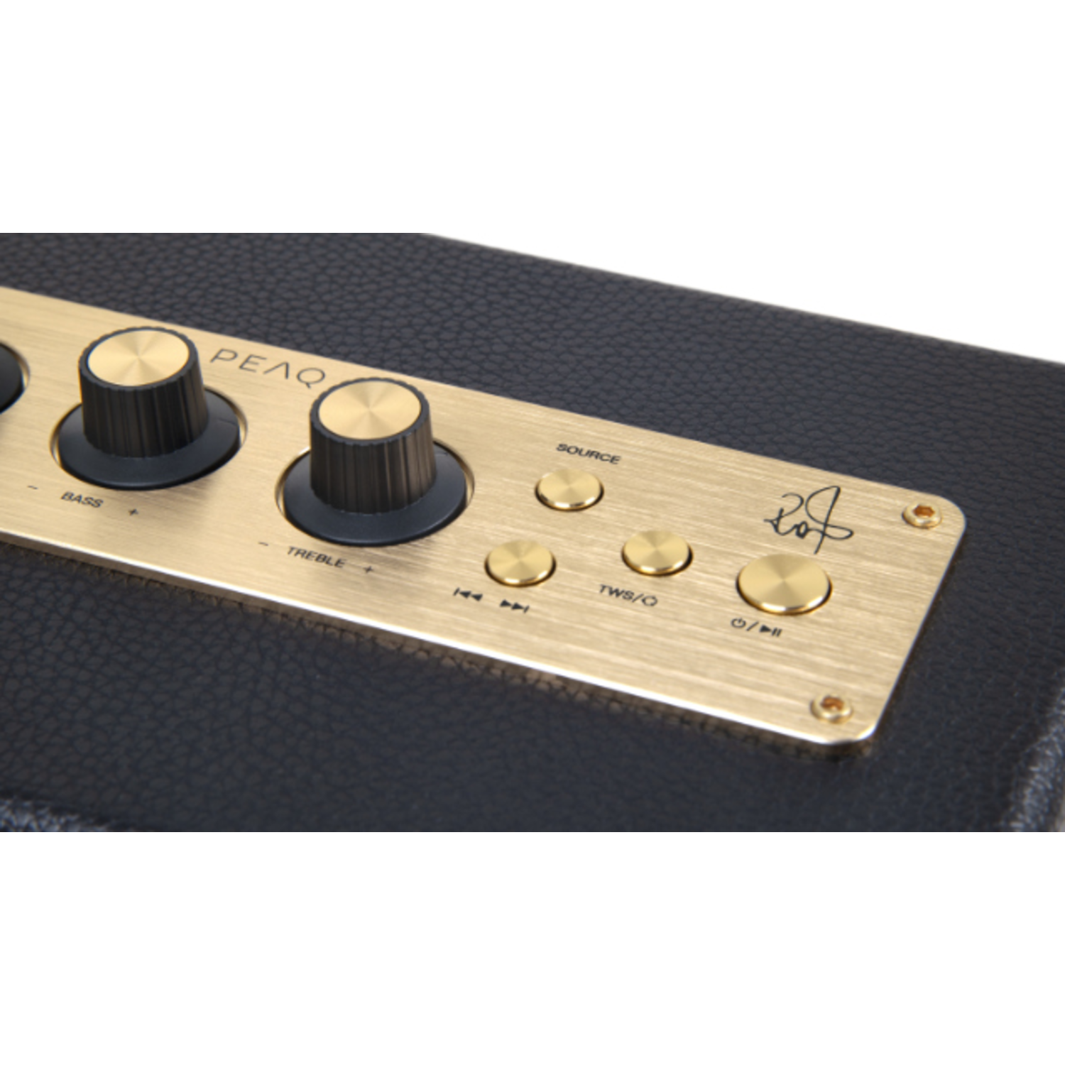 Close-up of a gold control panel on a black speaker. It has knobs, buttons labeled 'Source' and 'TWS/O', and a power button.