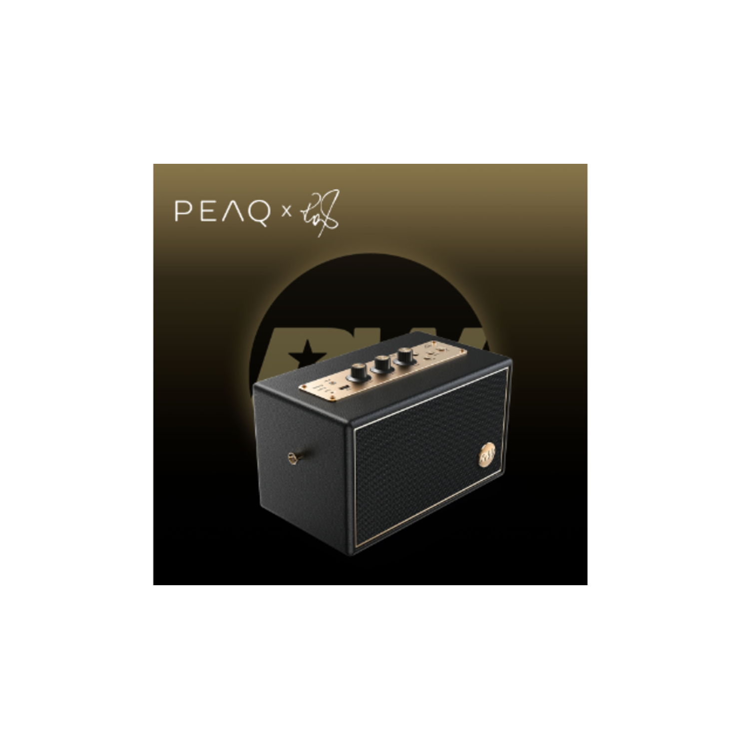 A black speaker with gold accents. It has knobs and a mesh front. The background is a gradient of black and gold.