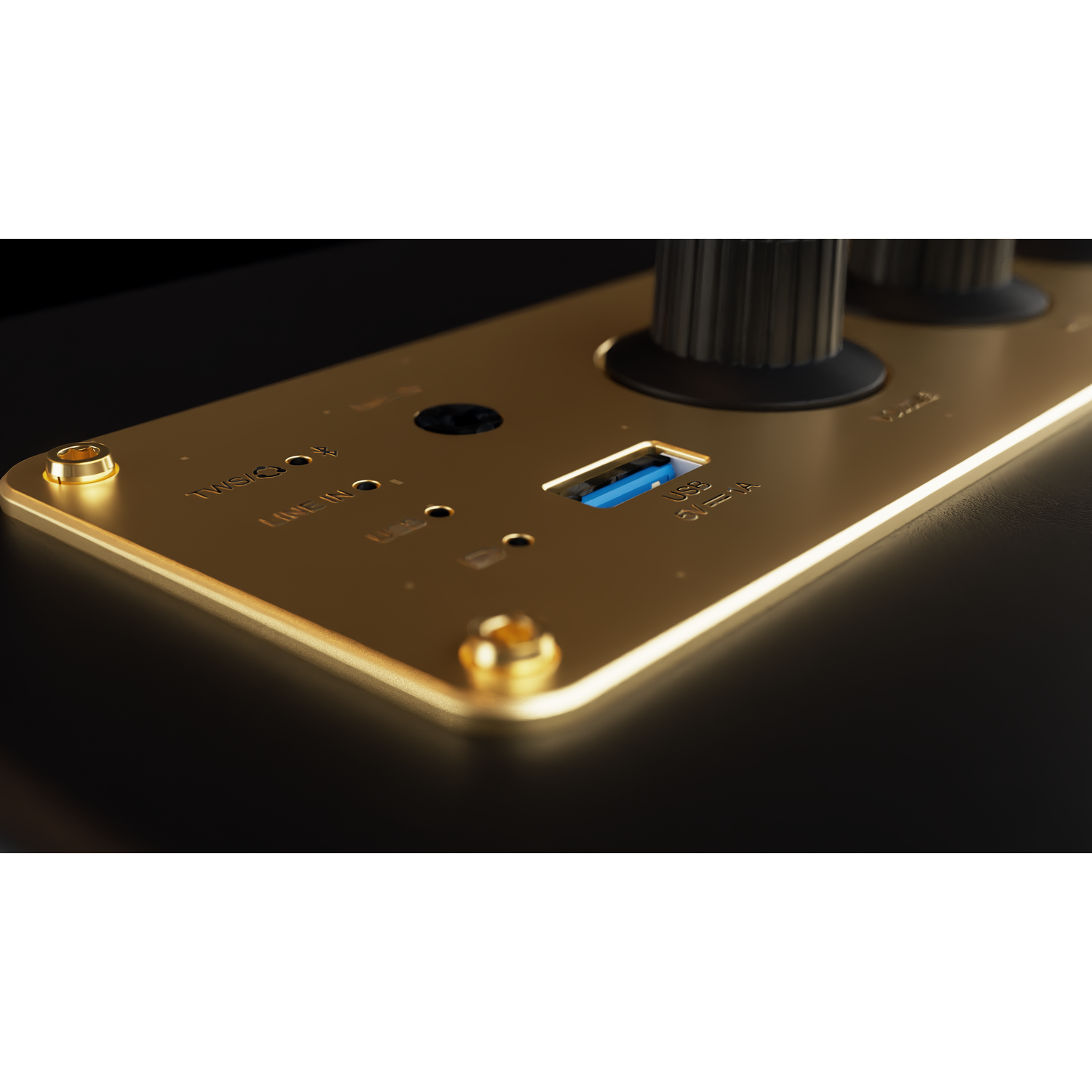 A close-up shot shows a golden panel with black knobs and a USB port. Details include text and ports for audio connections.