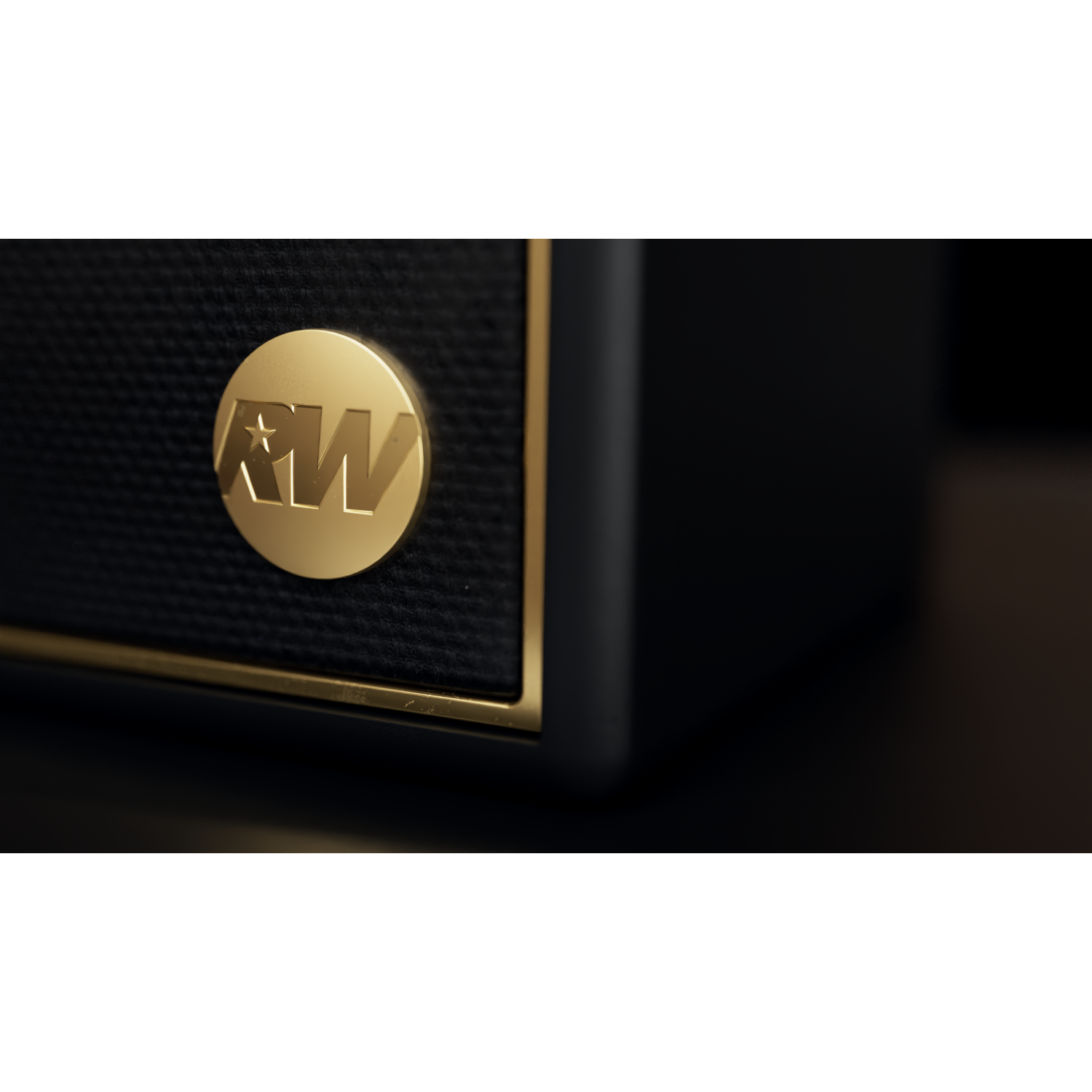 Close-up of a black speaker with a gold RW logo. The speaker has a gold trim and sits against a dark background.